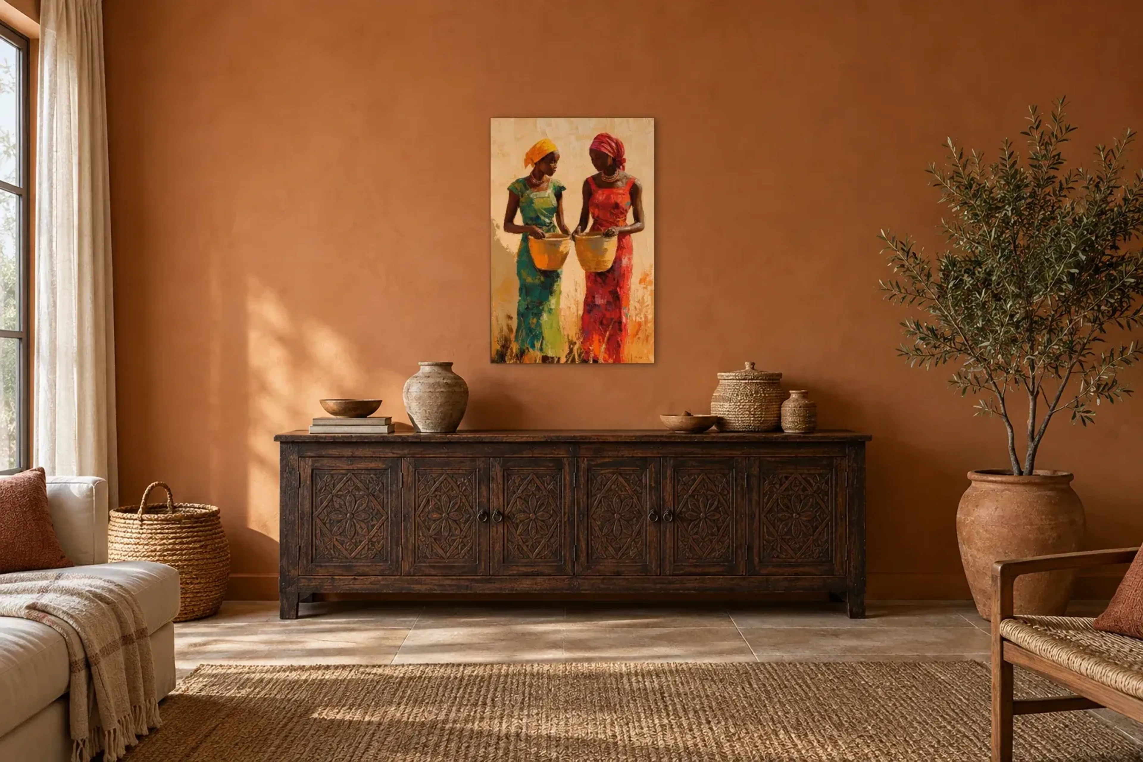 Freundinnen als Wandbild über einem 180-cm-Sideboard