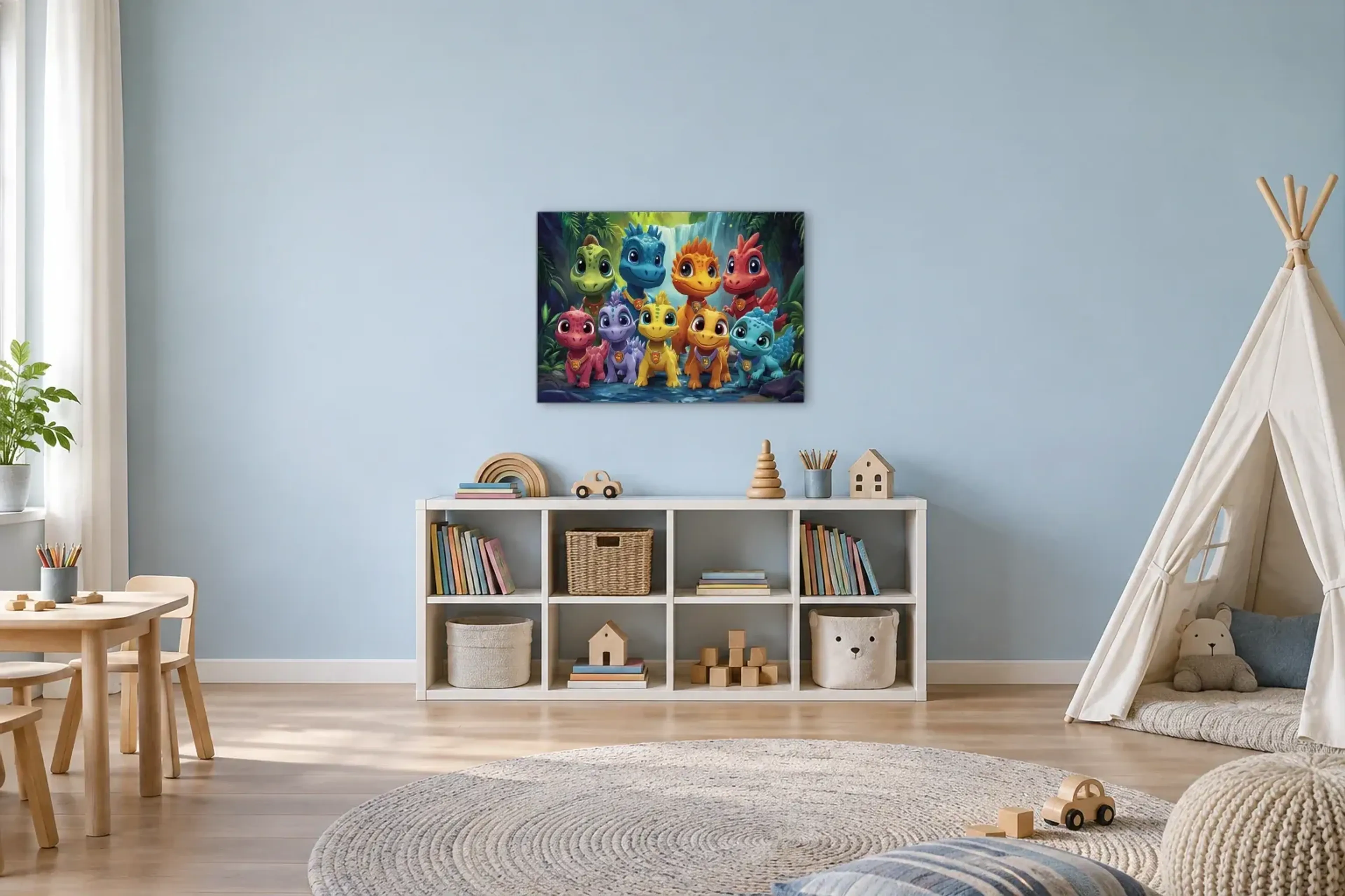 Dino-Freunde am Wasserfall als Wandbild über einem 120-cm-Spielregal