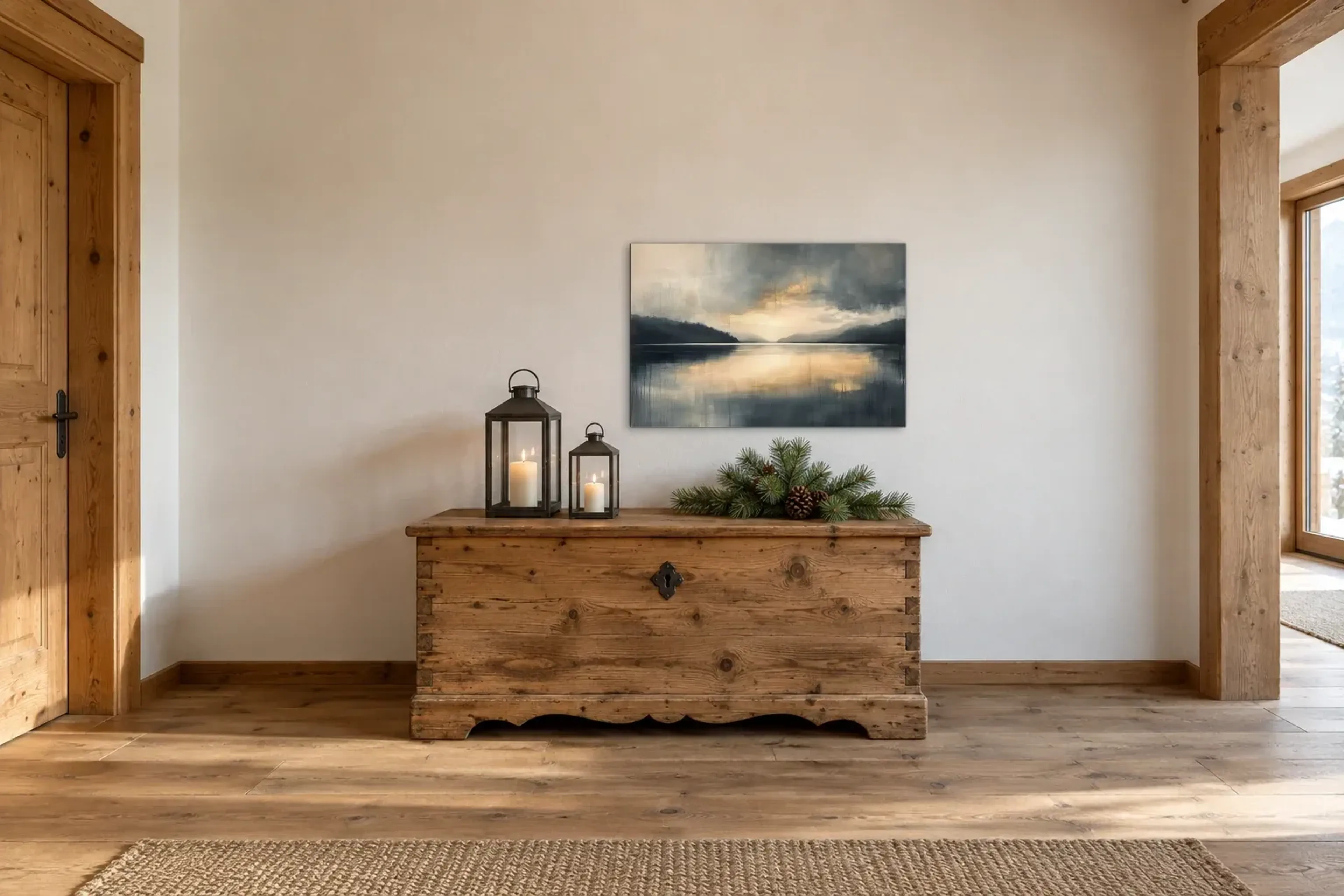 Abendlicht am See als Wandbild über einer 140-cm-Truhe