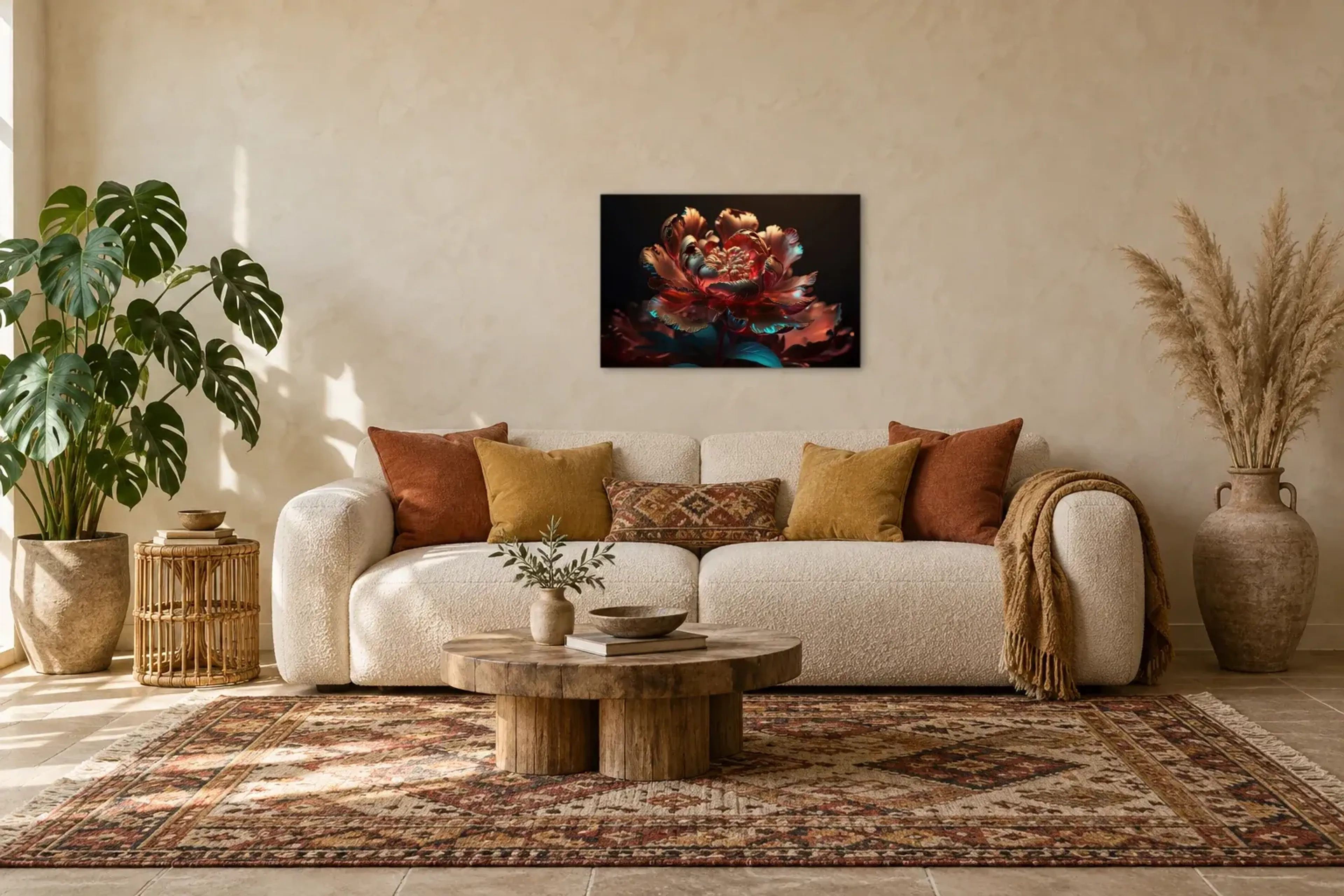 Blüte in Kupferrot als Wandbild über einem 220-cm-Sofa