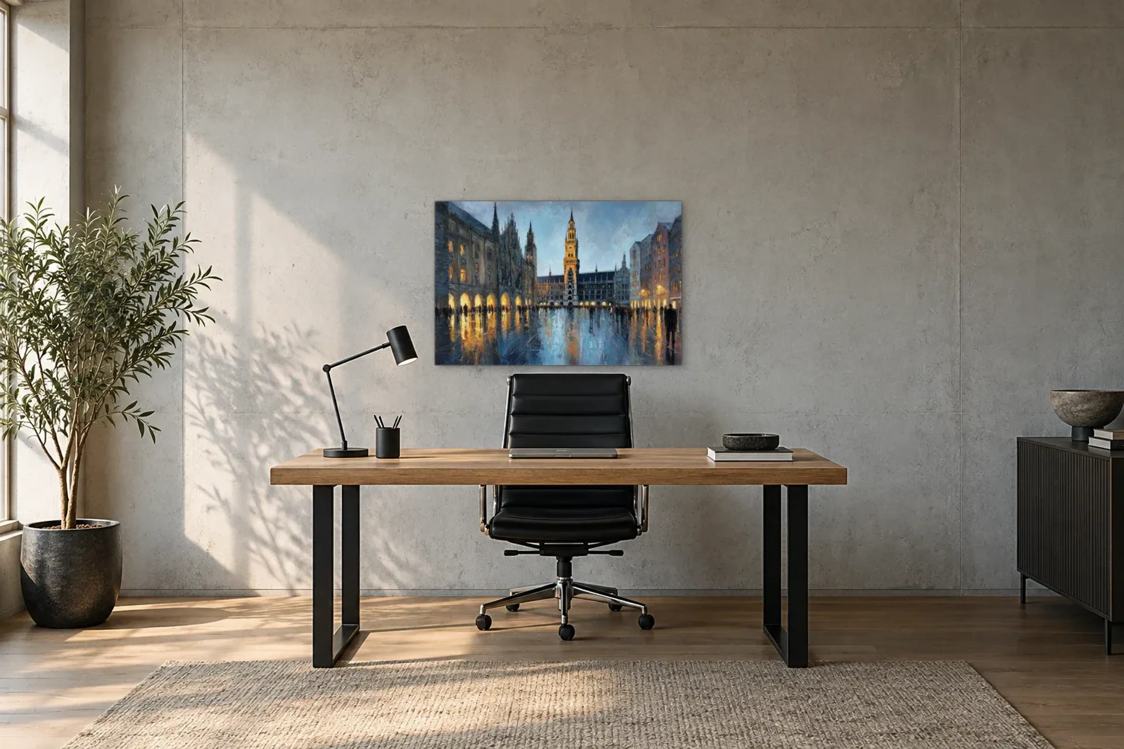 Goldenes Licht am Rathaus als Wandbild über einem 160-cm-Schreibtisch