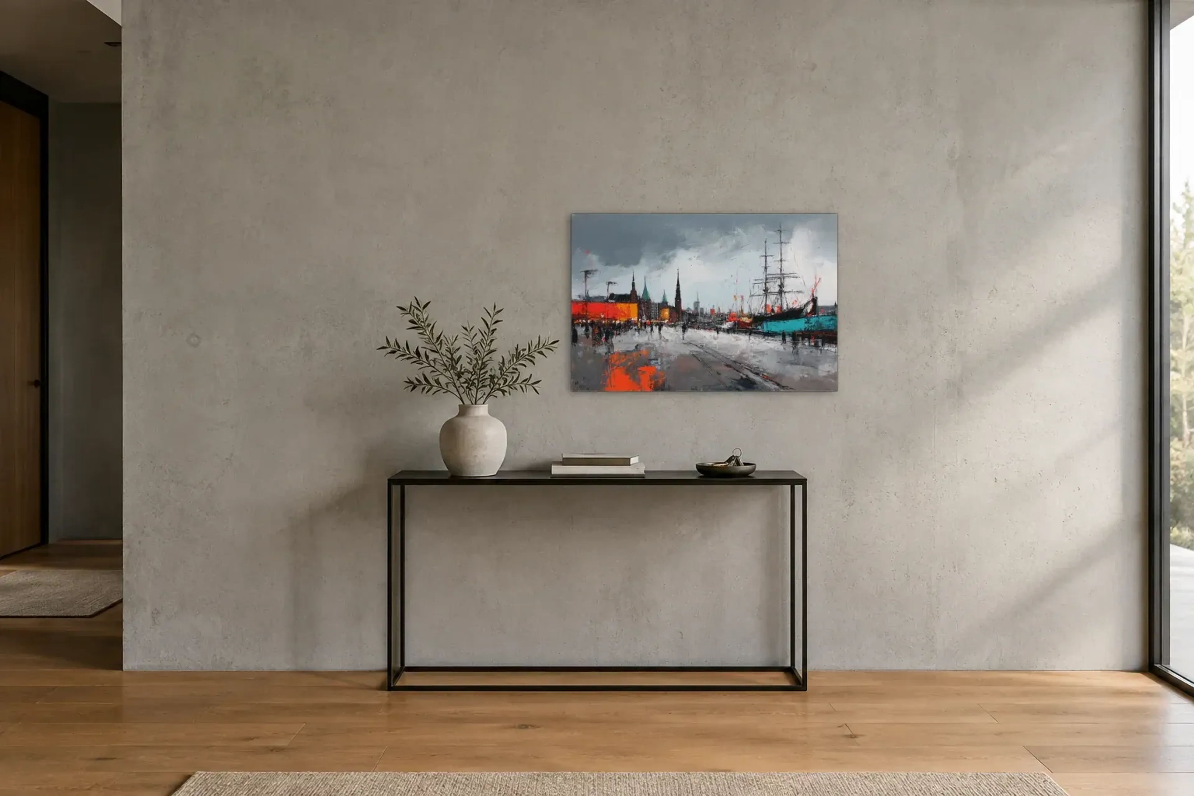 Segelschiff am grauen Kai als Wandbild über einer 120-cm-Konsole