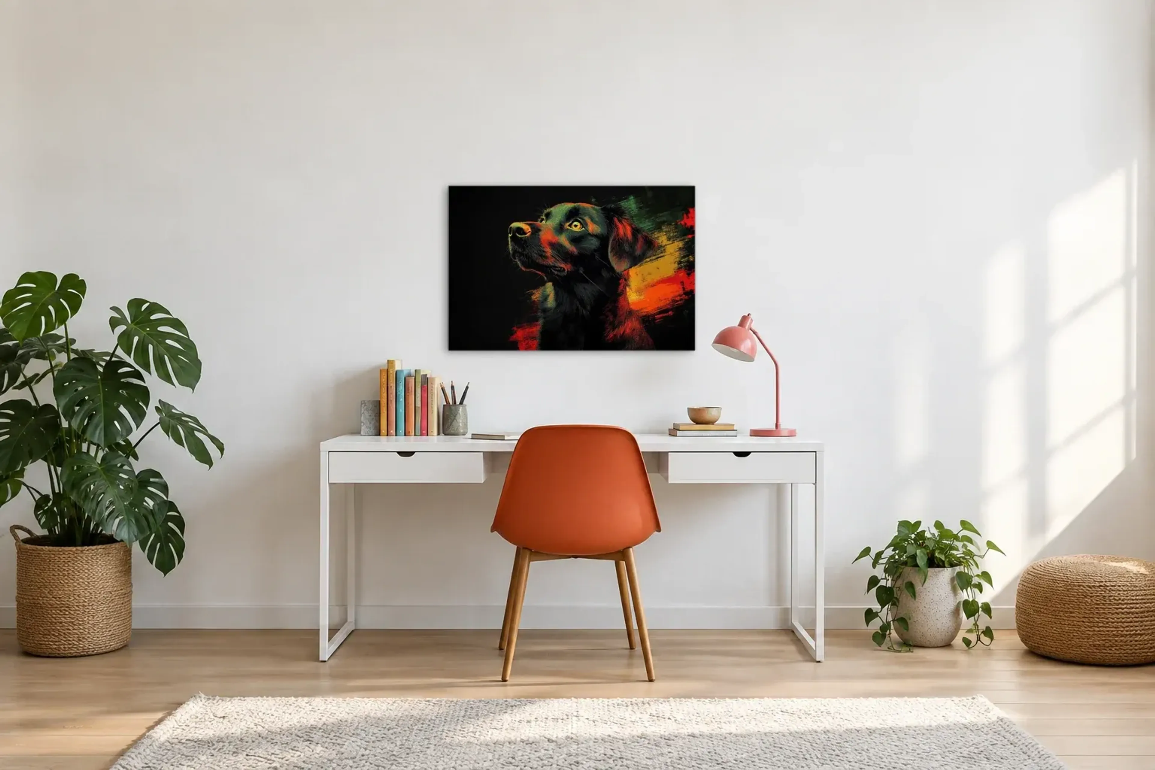 Mischling mit goldenem Auge als Wandbild über einem 140-cm-Schreibtisch