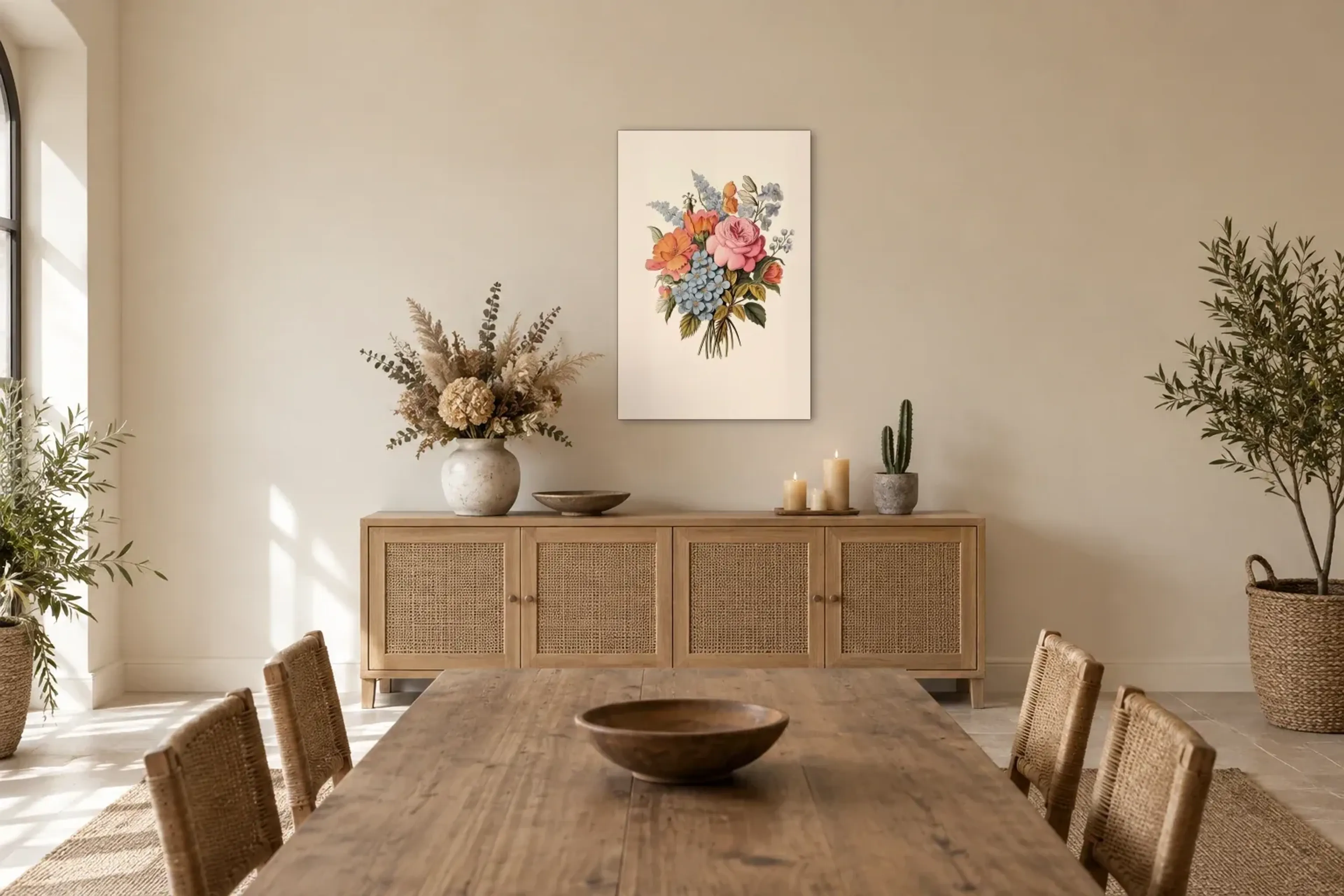 Bunter Blumenstrauß als Wandbild über einem 160-cm-Sideboard