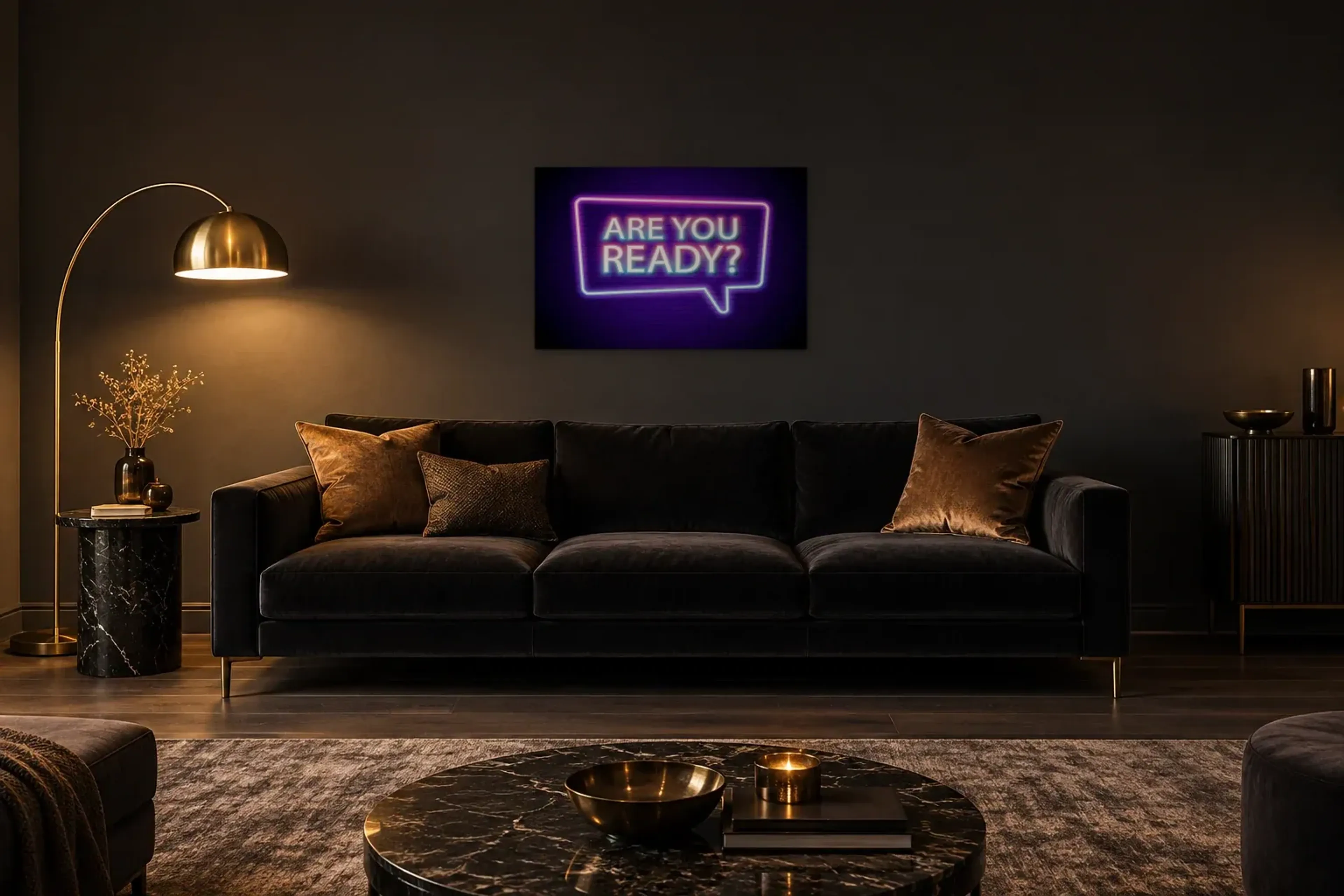 Are You Ready? als Wandbild über einem 220-cm-Sofa