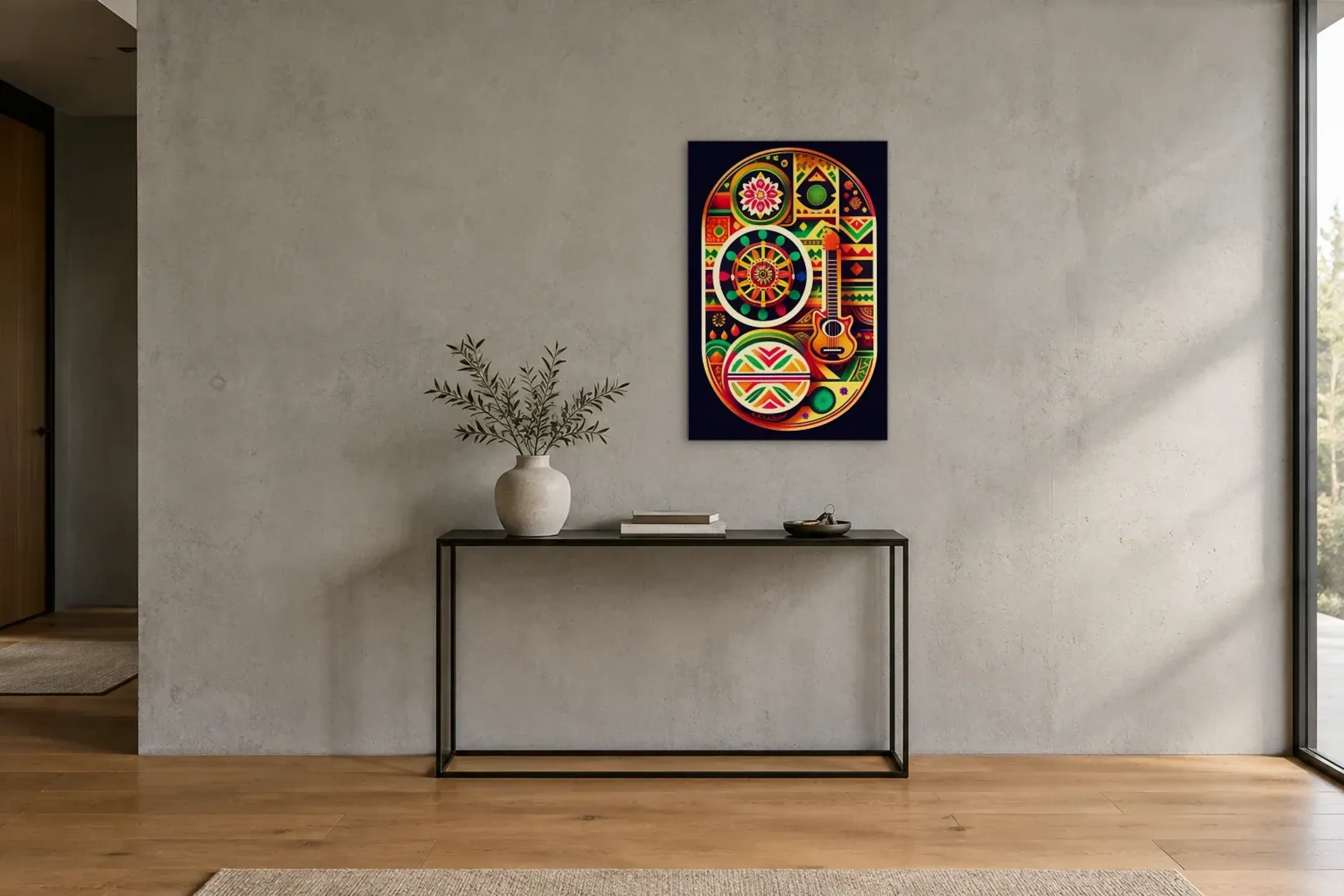 Gitarre im Farbenkreis als Wandbild über einer 120-cm-Konsole
