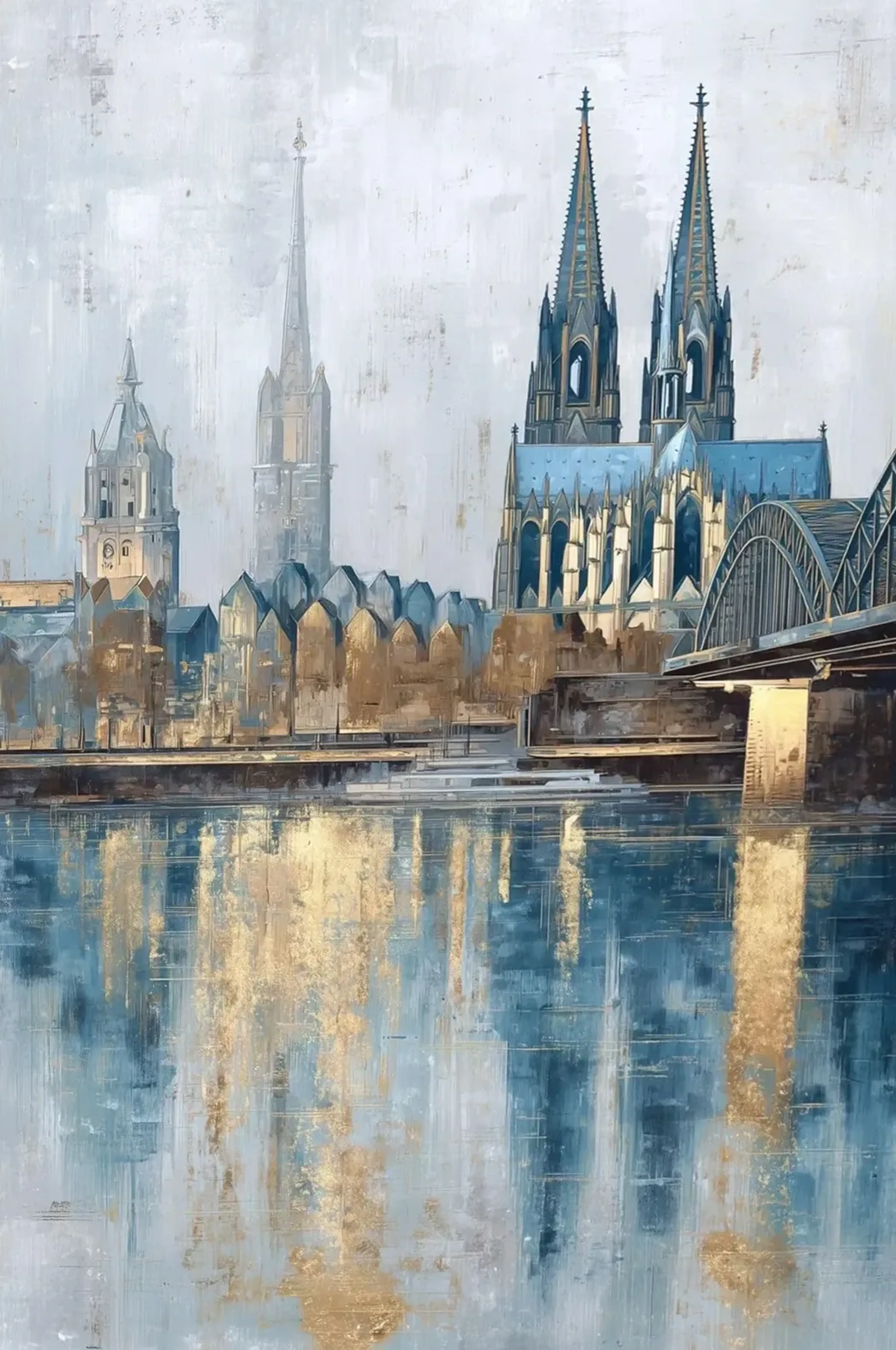 Kölner Stadtansicht mit Dom, weiteren Türmen und einer Brücke in Grau, Blau und Goldtönen über dem Rhein.
