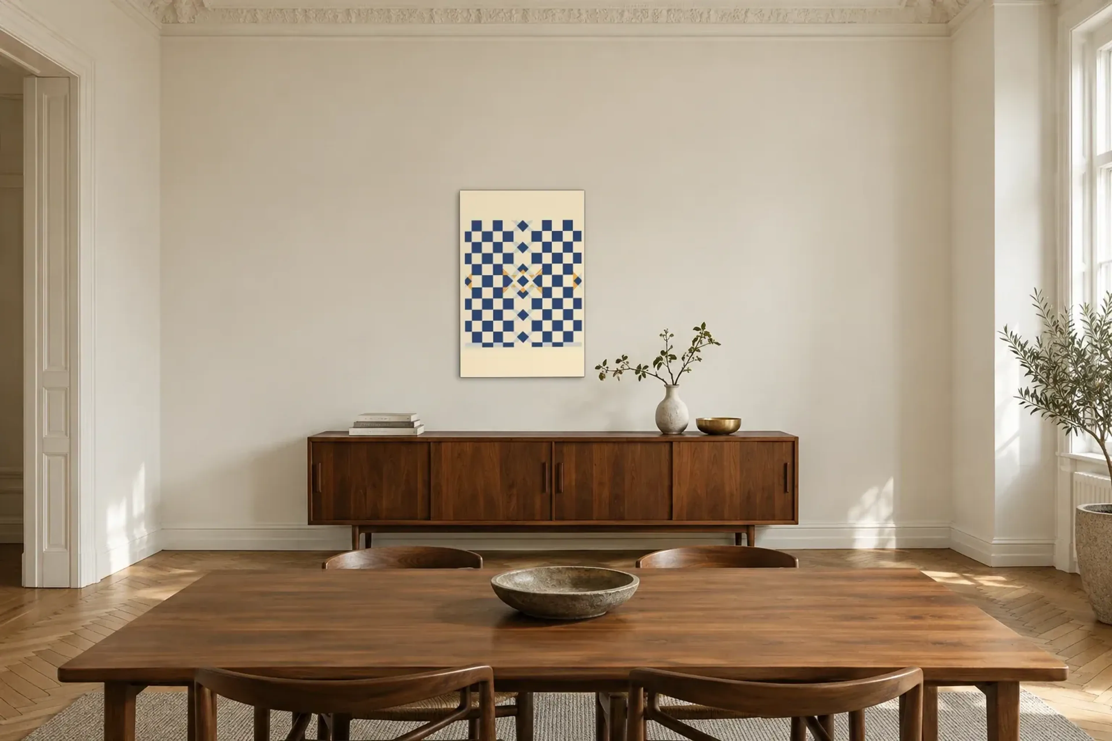 Schachbrett mit Rauten als Wandbild über einem 200-cm-Sideboard
