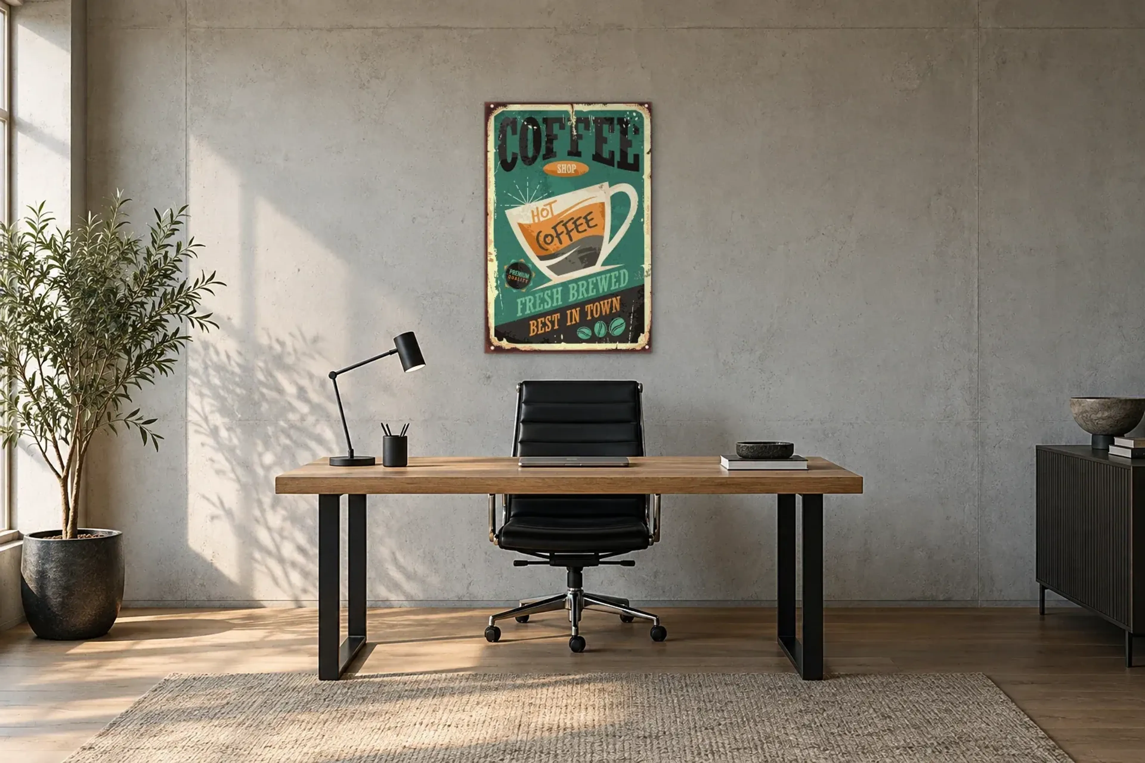 Hot Coffee Kaffee als Wandbild über einem 160-cm-Schreibtisch
