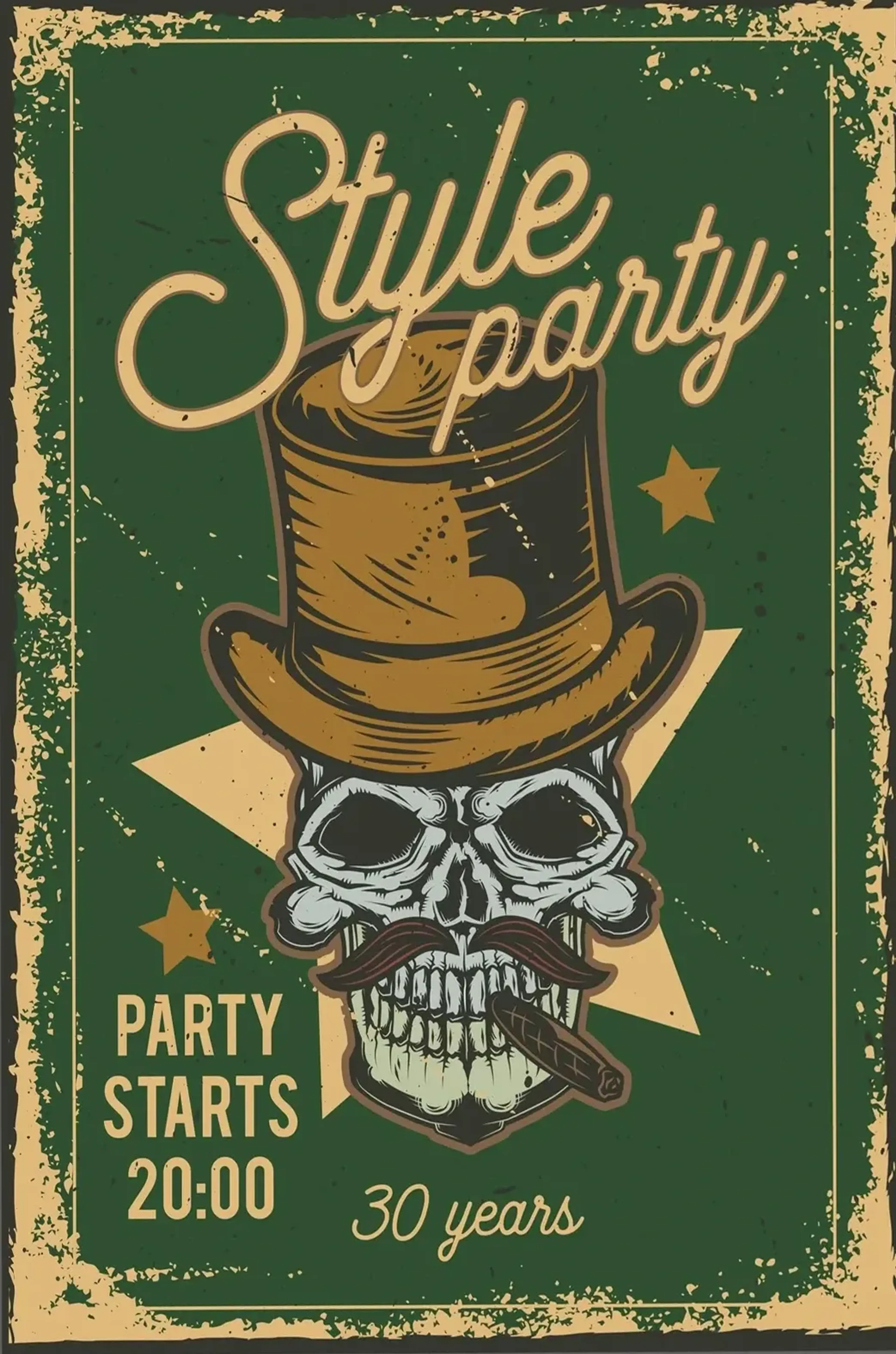 Ein Totenkopf mit Zylinder, Schnurrbart und Zigarre steht auf dunkelgrünem Grund unter dem Schriftzug Style party.