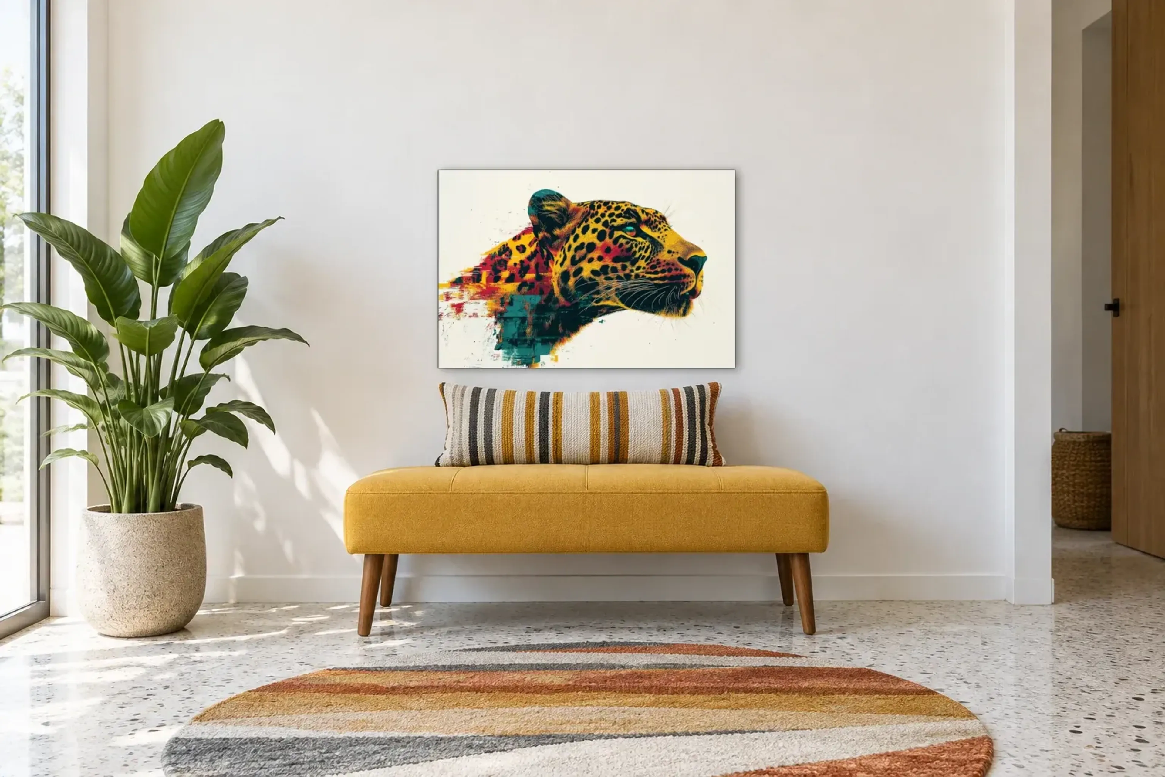 Leopard auf hellem Grund als Wandbild über einer 120-cm-Bank