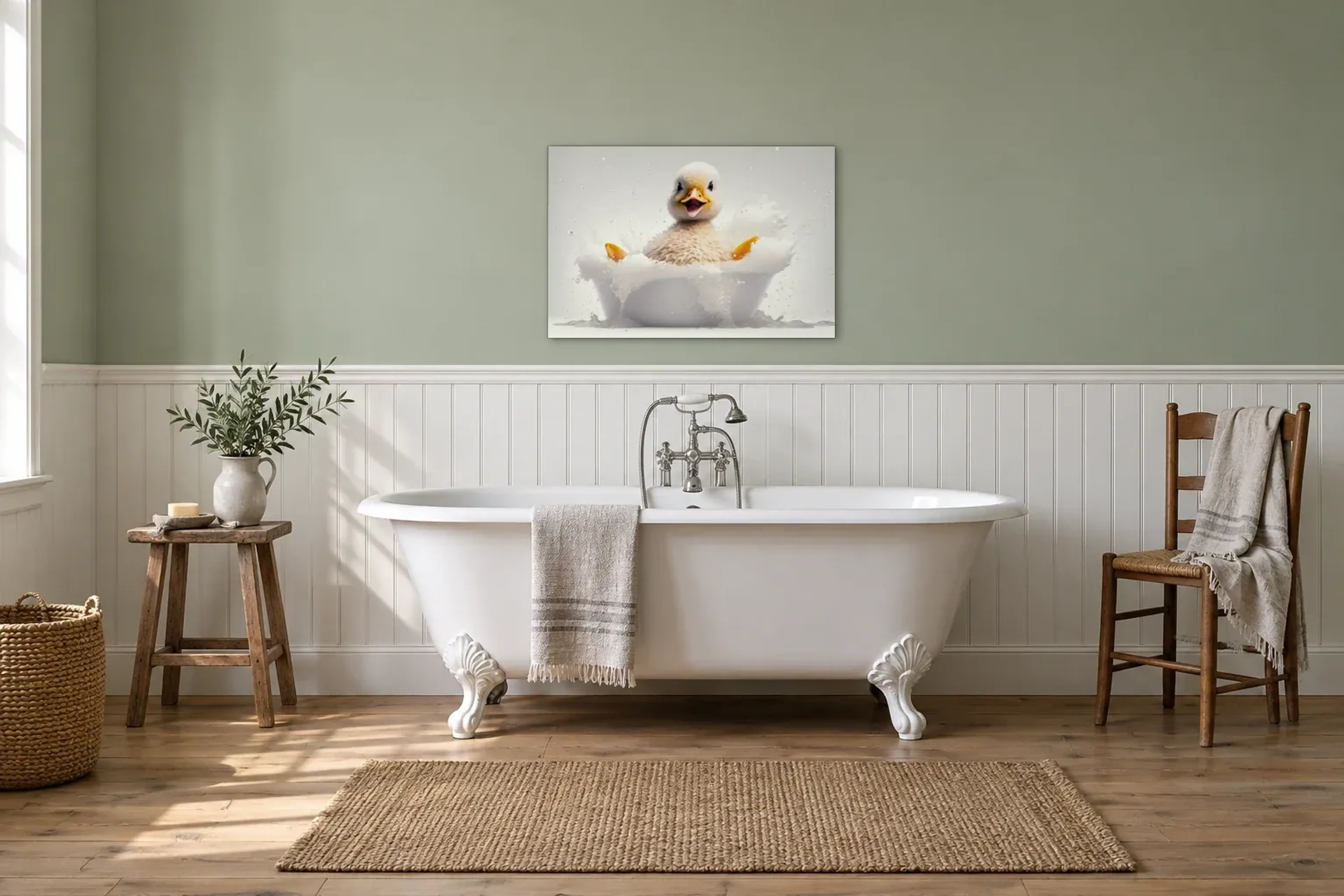Entchen im Schaumbad als Wandbild über einer 170-cm-Badewanne