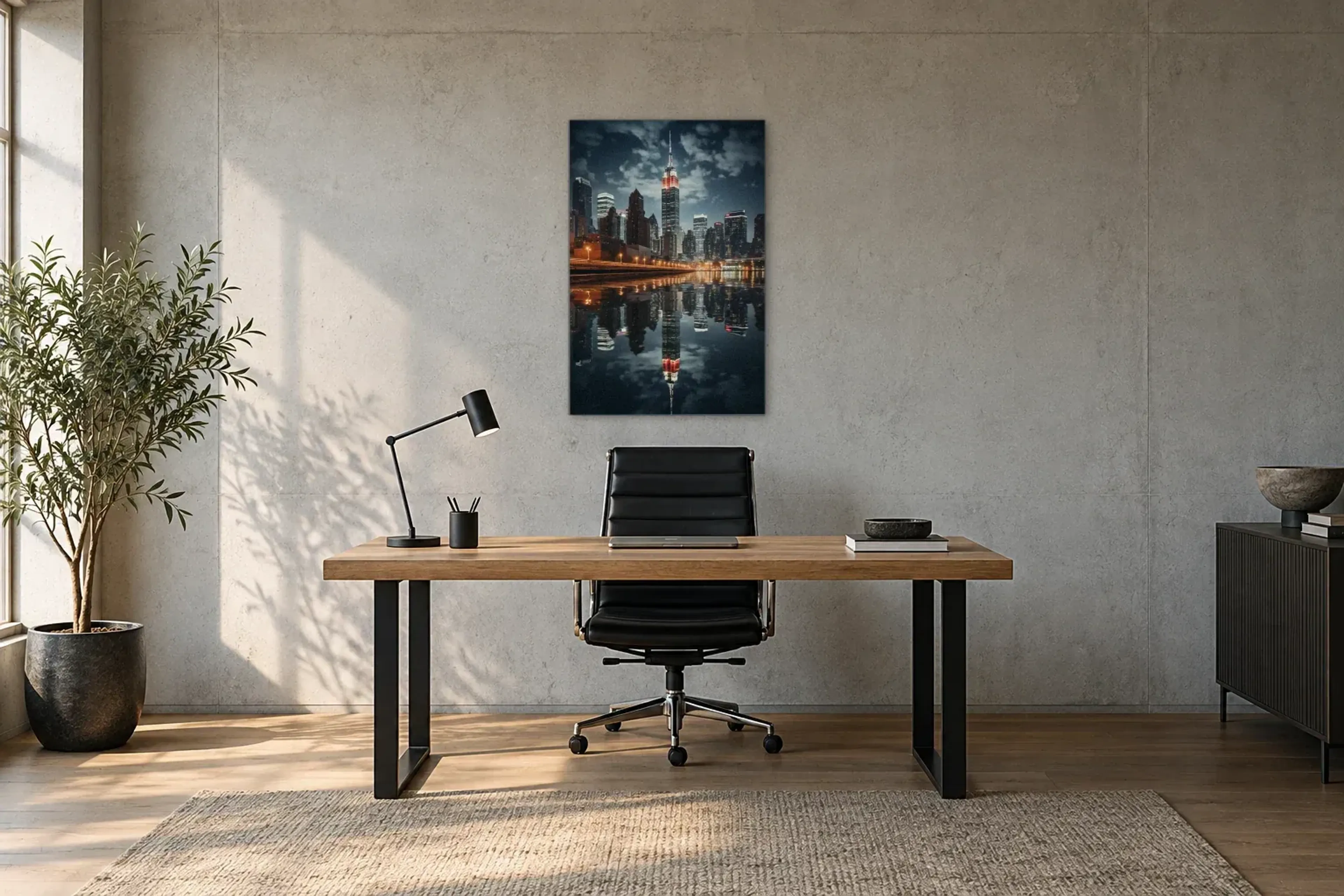 Empire State bei Nacht als Wandbild über einem 160-cm-Schreibtisch