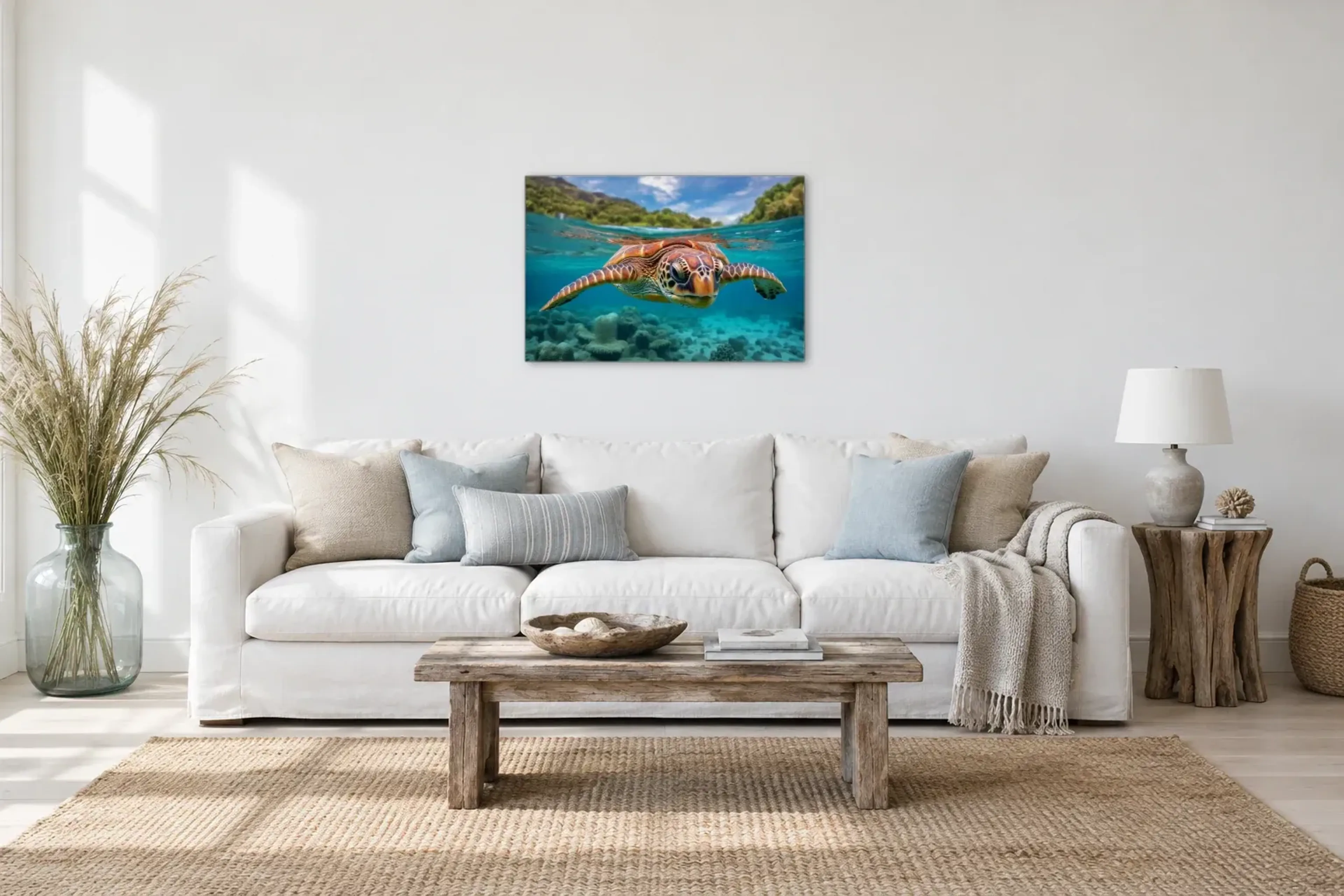 Meeresschildkröte im Wasser als Wandbild über einem 220-cm-Sofa