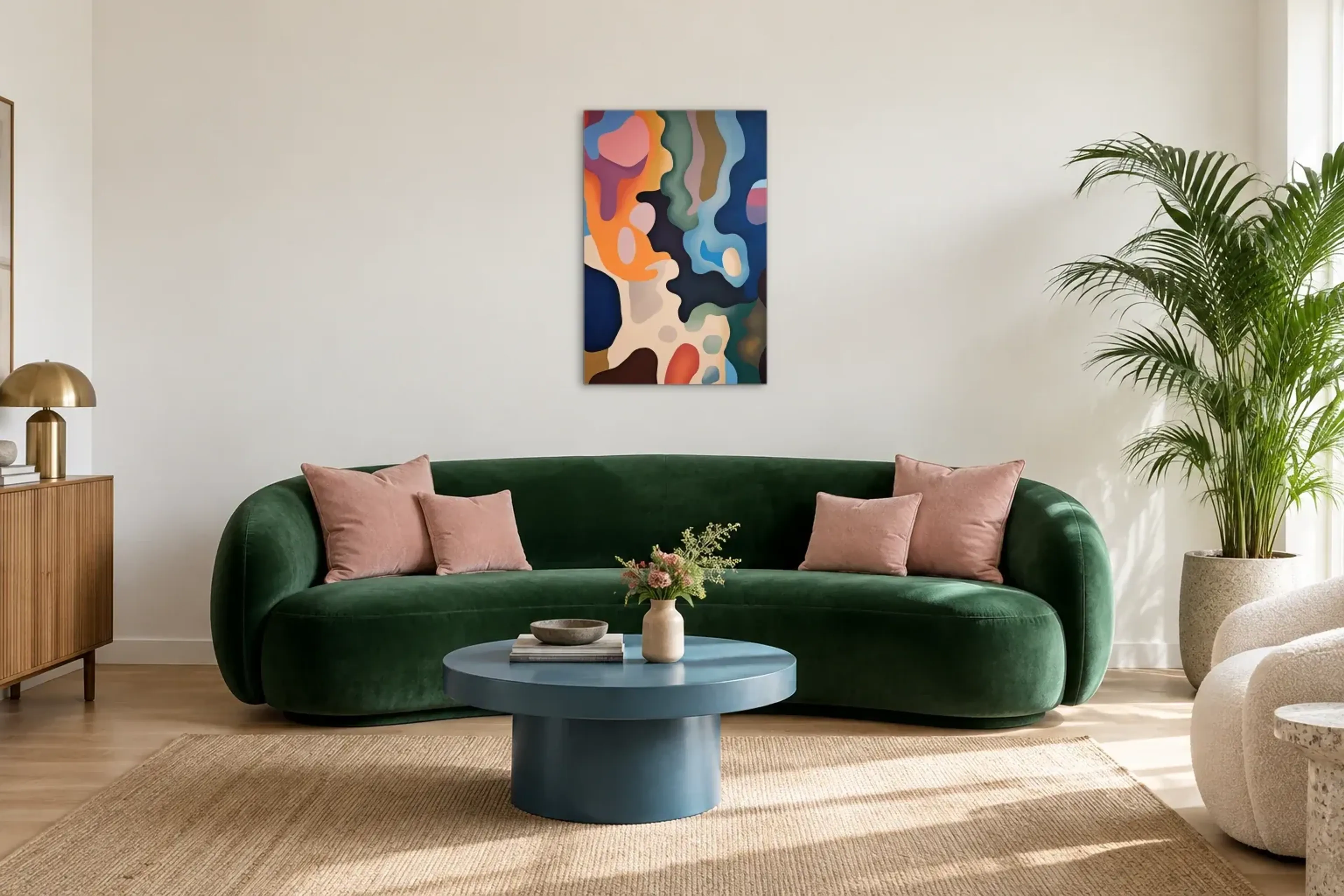 Fließende Farbformen als Wandbild über einem 220-cm-Sofa