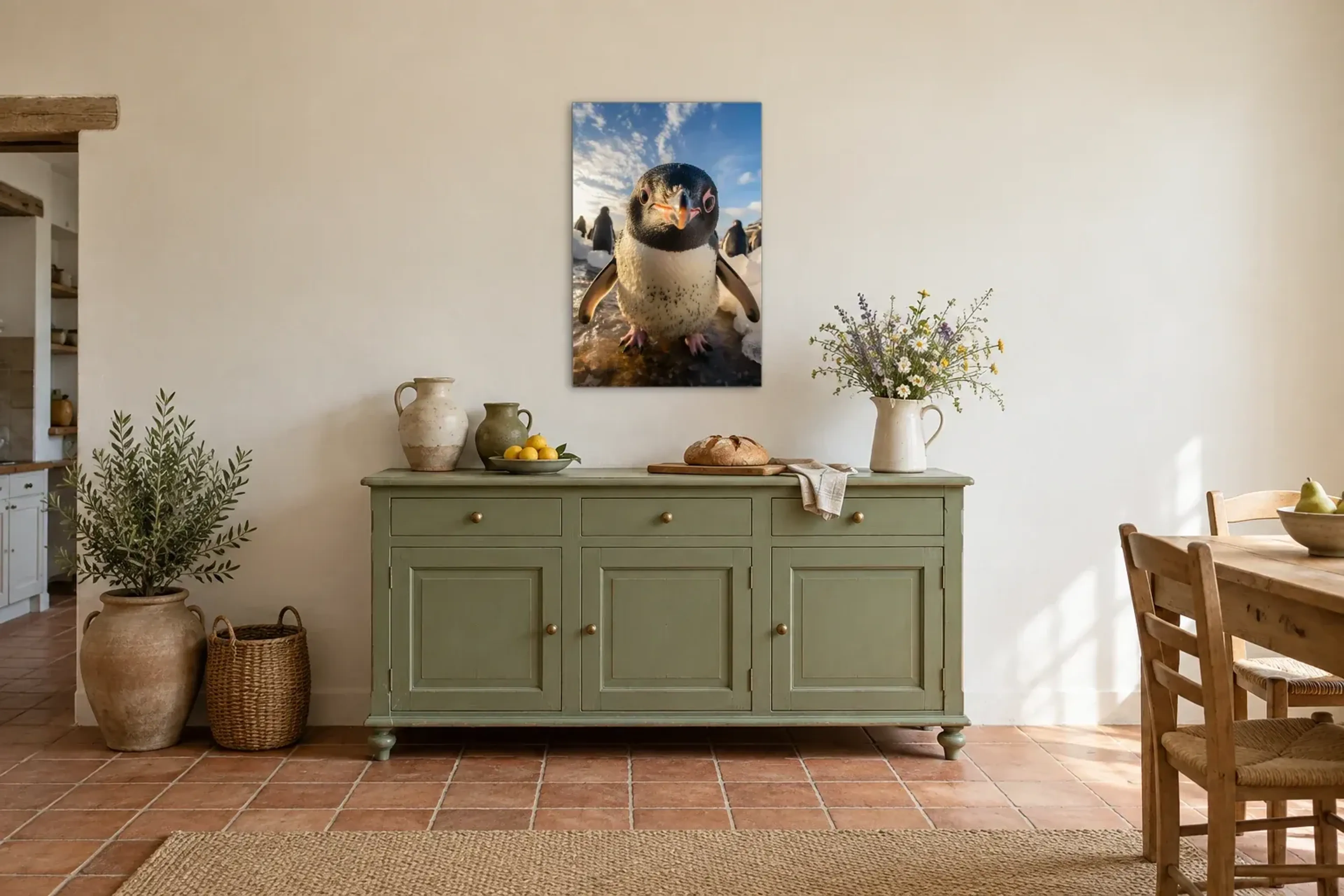 Pinguin Portrait als Wandbild über einer 160-cm-Anrichte