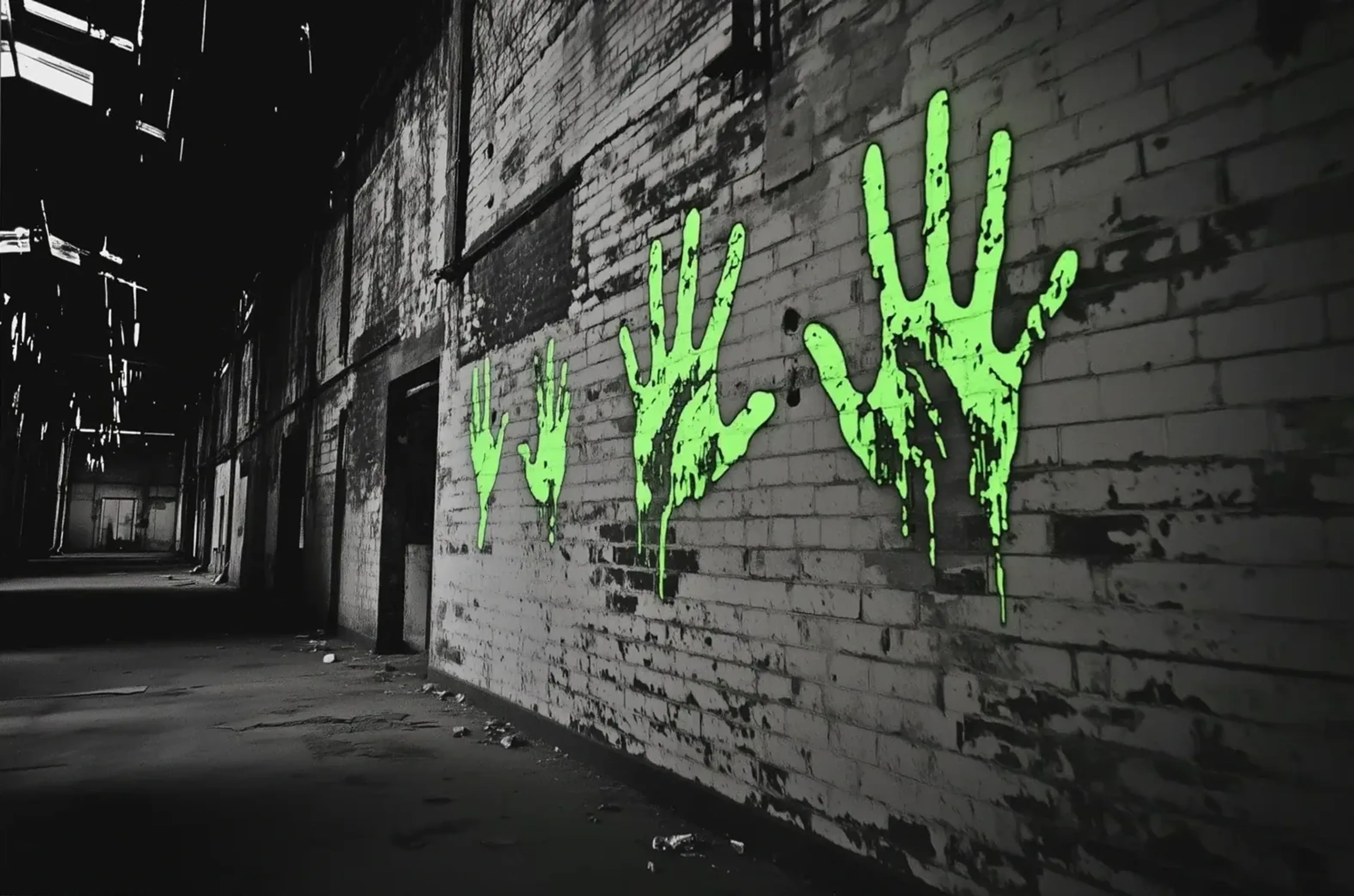 Leuchtend grüne Handabdrücke mit Farbläufen auf einer grauen Backsteinwand in einer dunklen Halle.