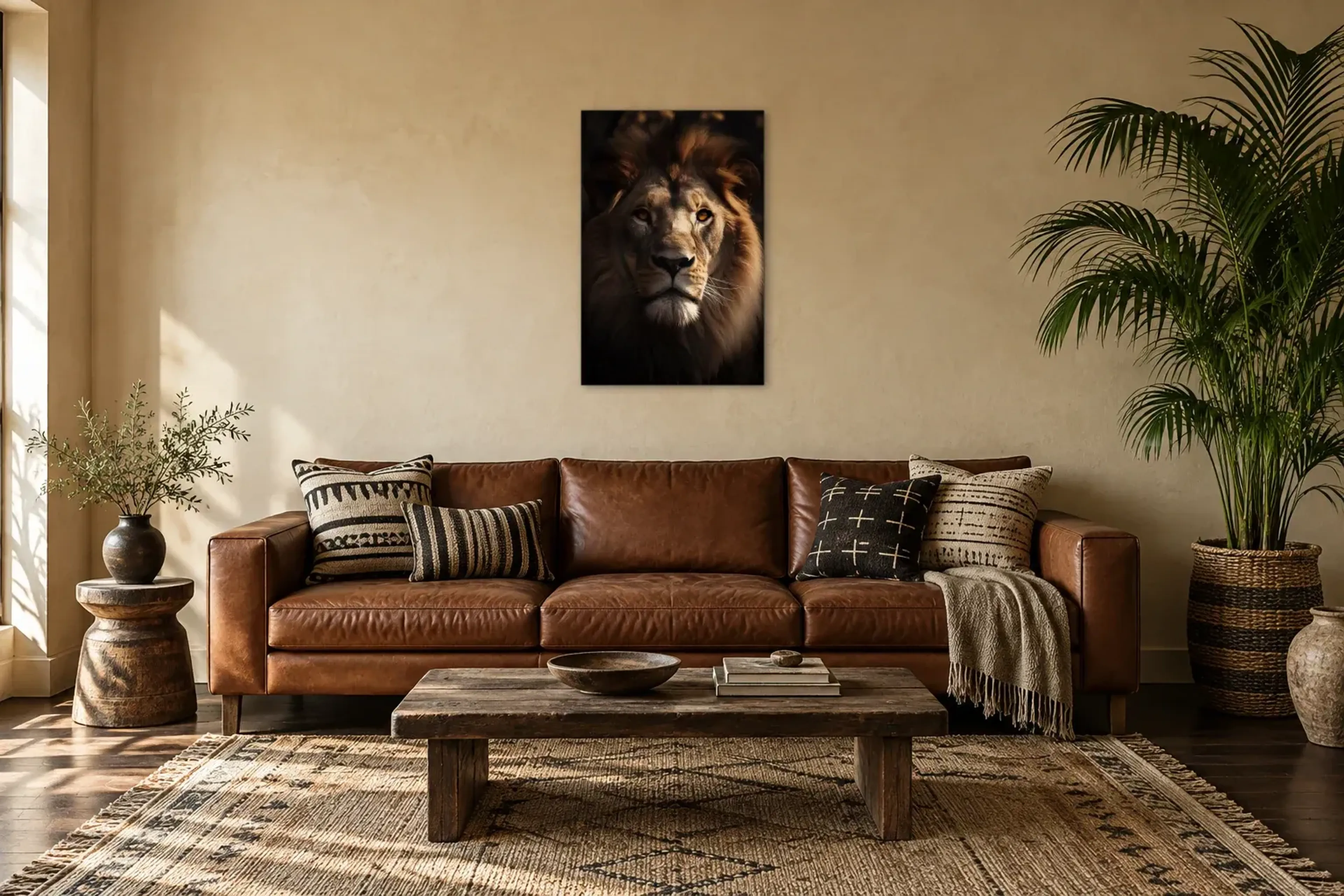 Löwenkopf im Seitenlicht als Wandbild über einem 220-cm-Sofa