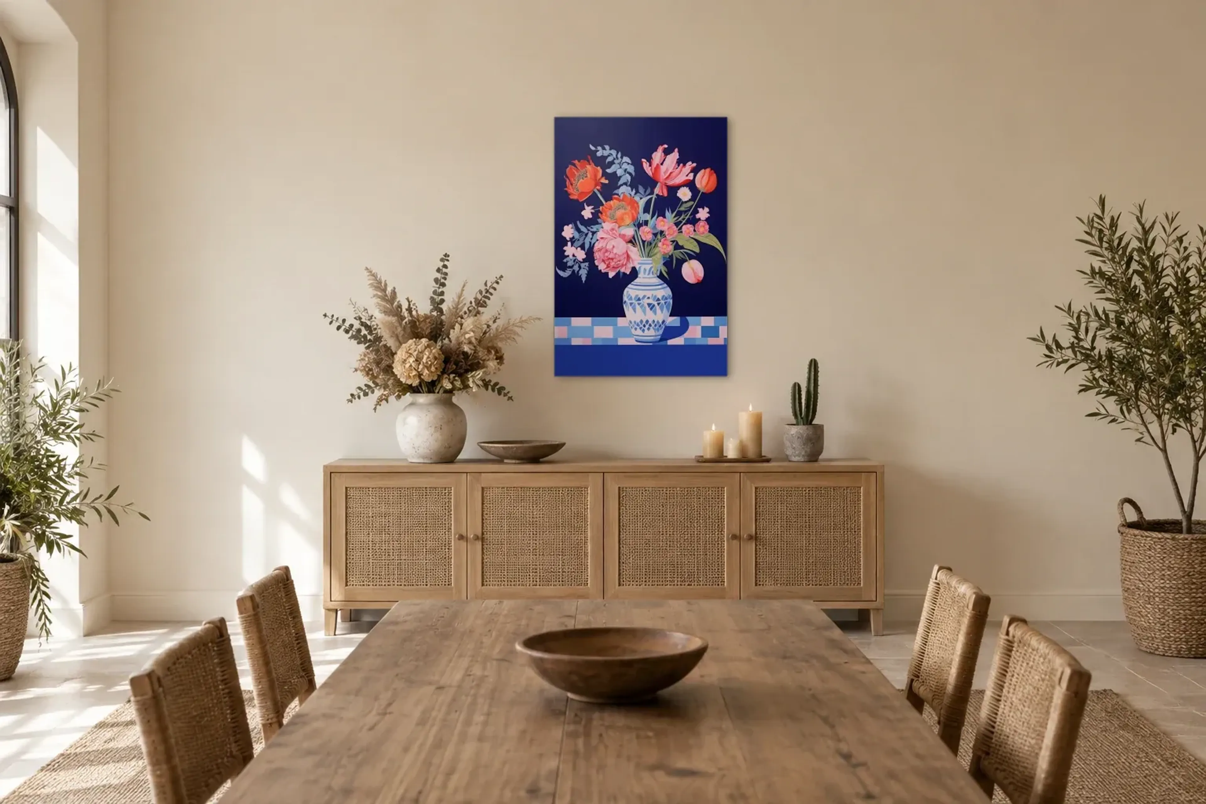 Blumen in blauer Vase als Wandbild über einem 160-cm-Sideboard