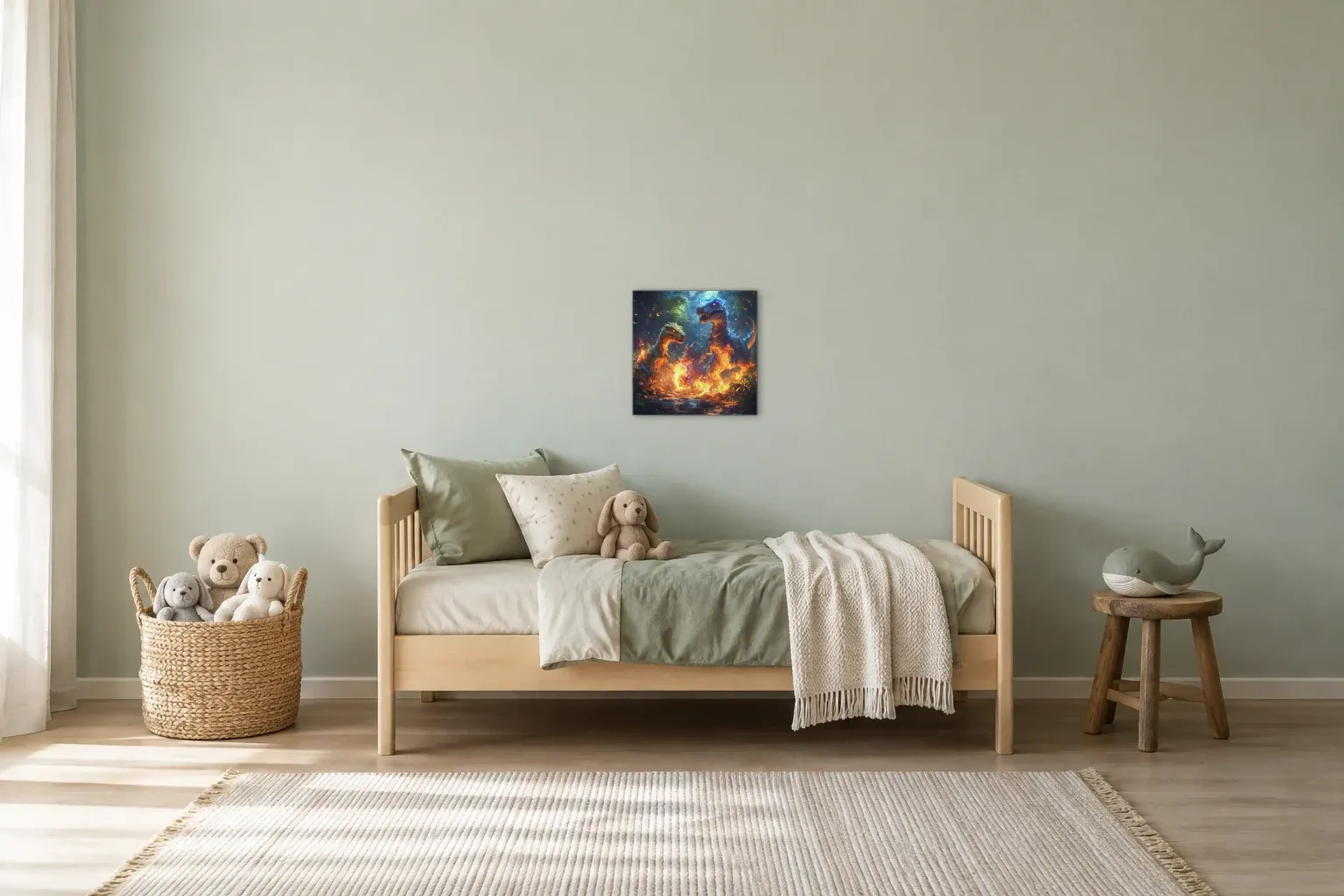 Dinos zwischen Feuerfunken als Wandbild über einem 200-cm-Kinderbett