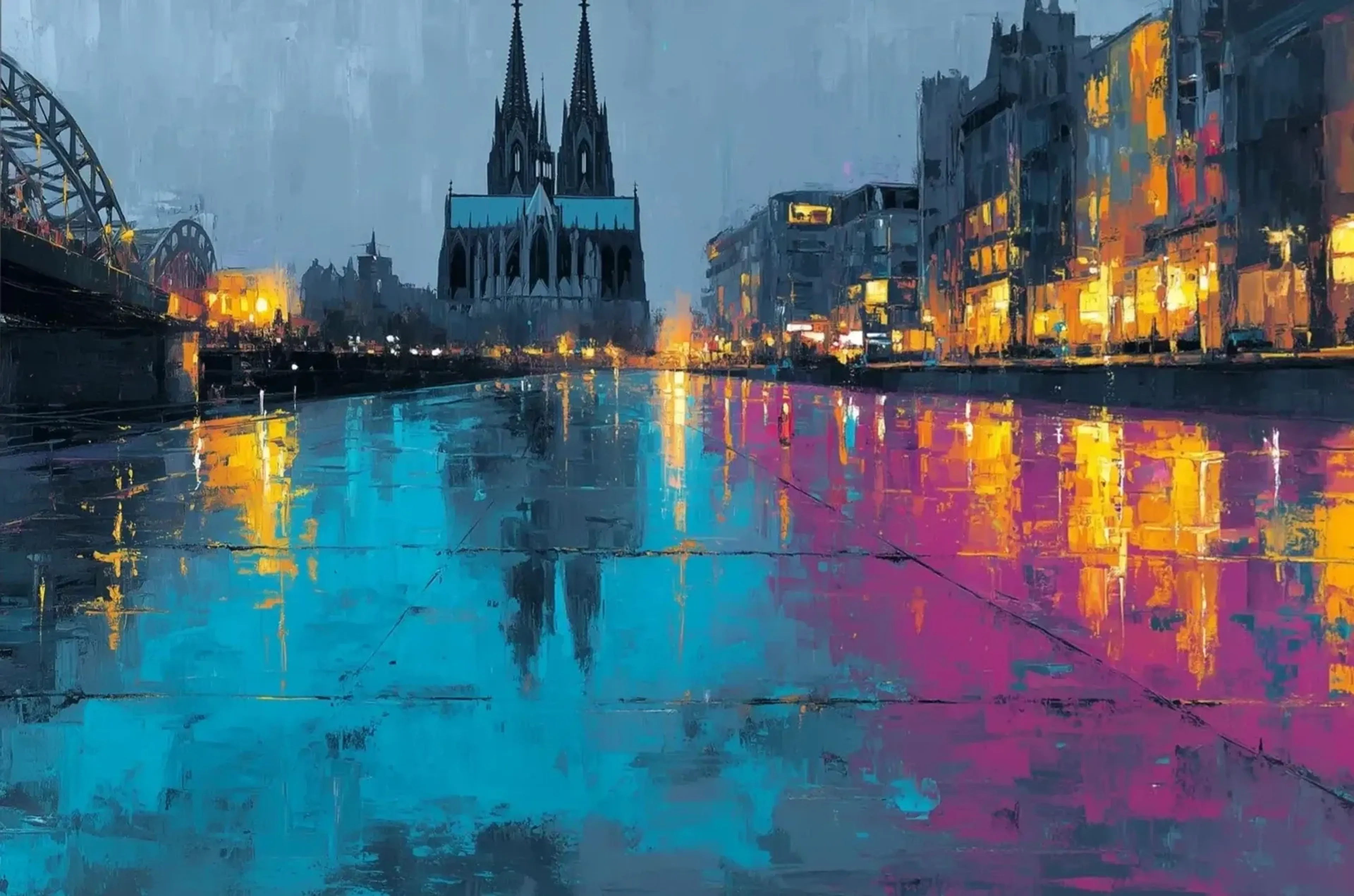 Kölner Dom zwischen Brücke und beleuchteten Häusern, davor türkisfarbene, pinke und gelbe Reflexionen.