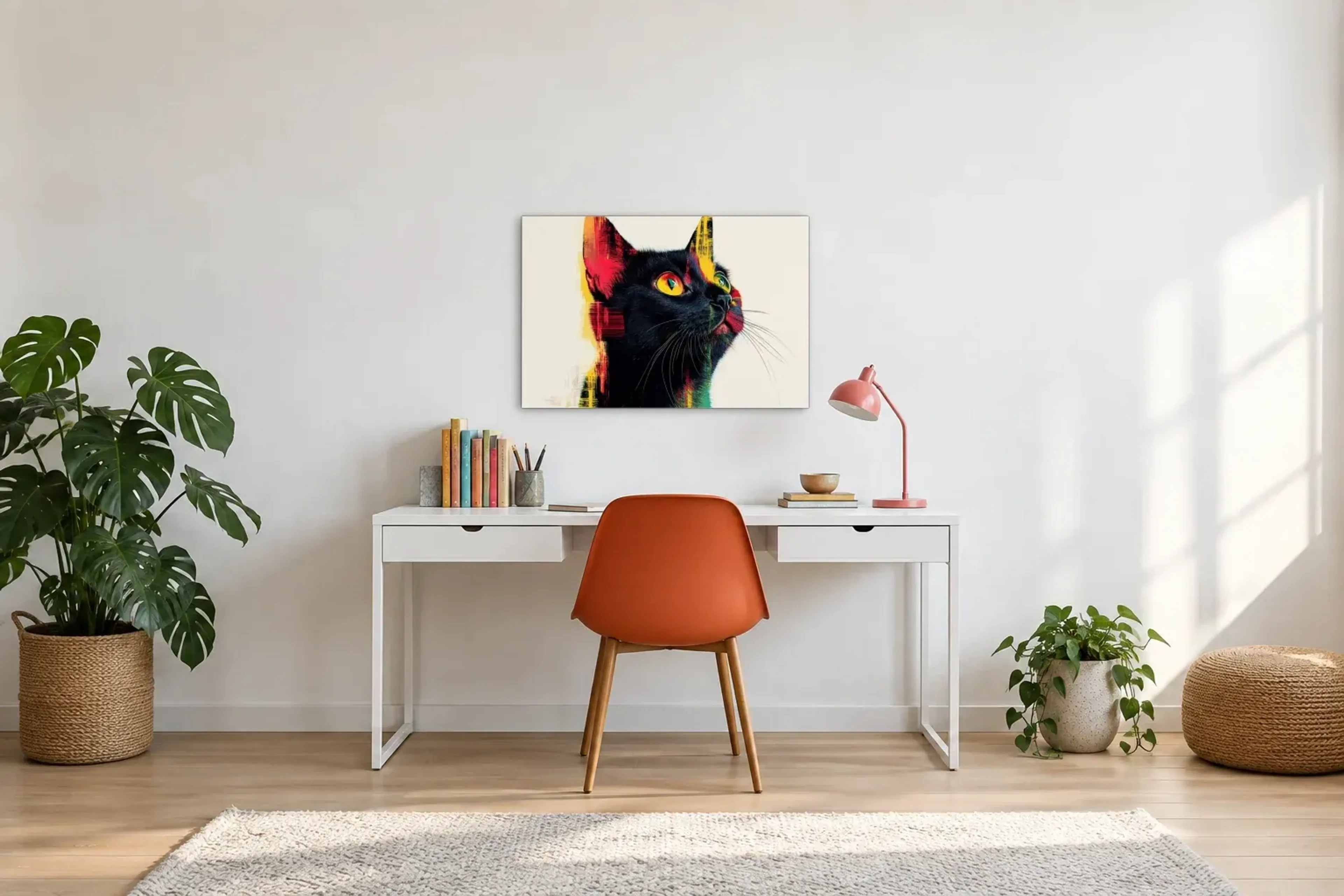 Katze mit wachem Blick als Wandbild über einem 140-cm-Schreibtisch