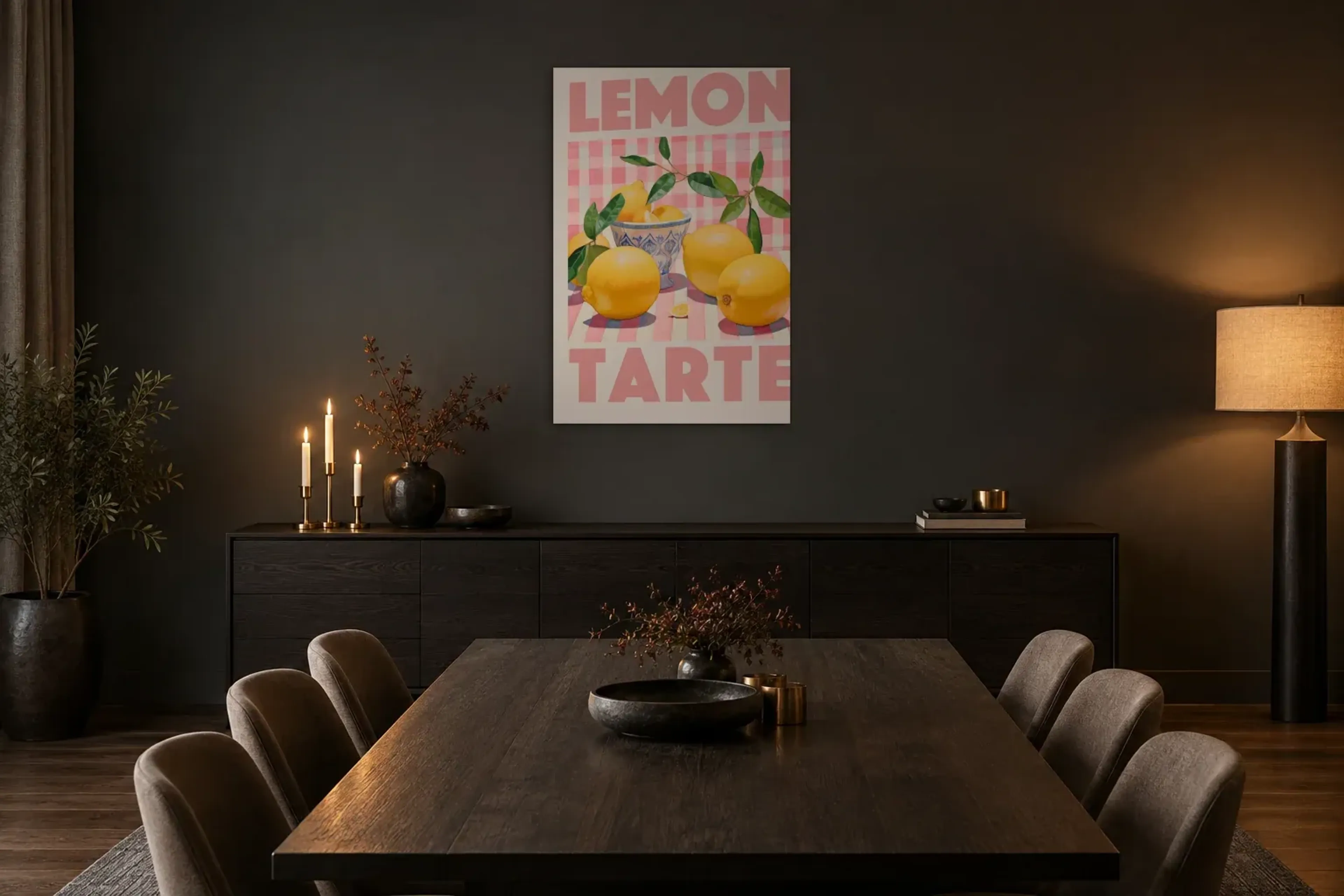 Zitronen auf Rosa als Wandbild über einem 180-cm-Sideboard