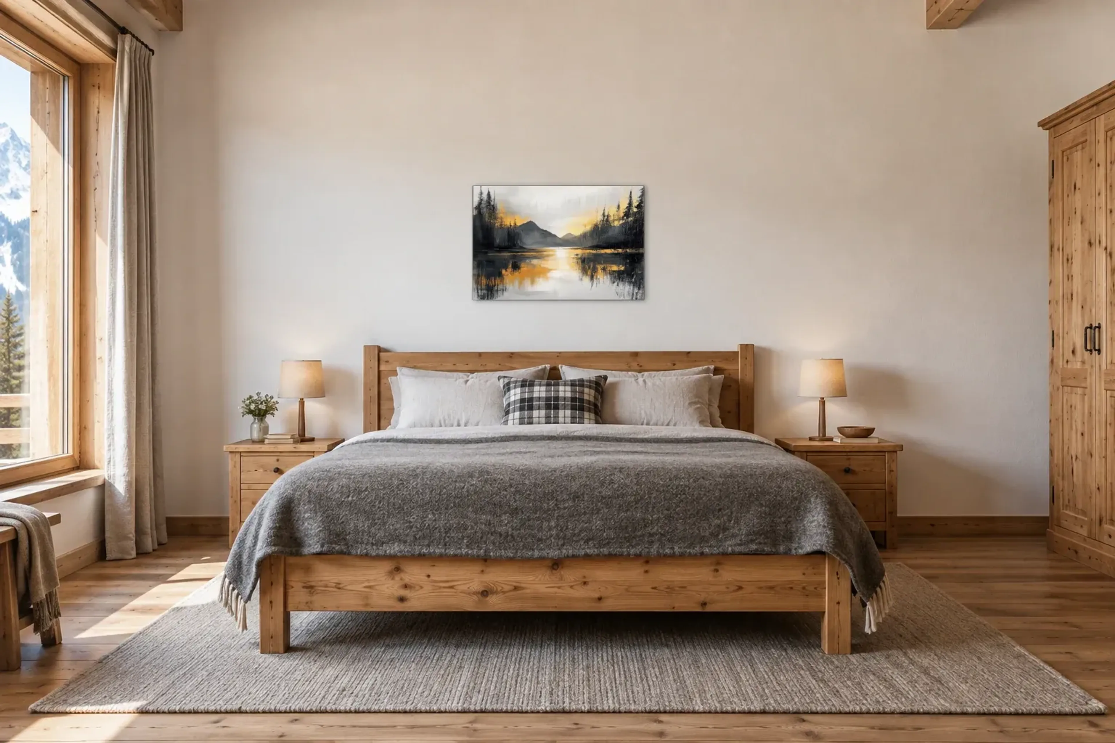 Bergsee im goldenen Licht als Wandbild über einem 180-cm-Bett