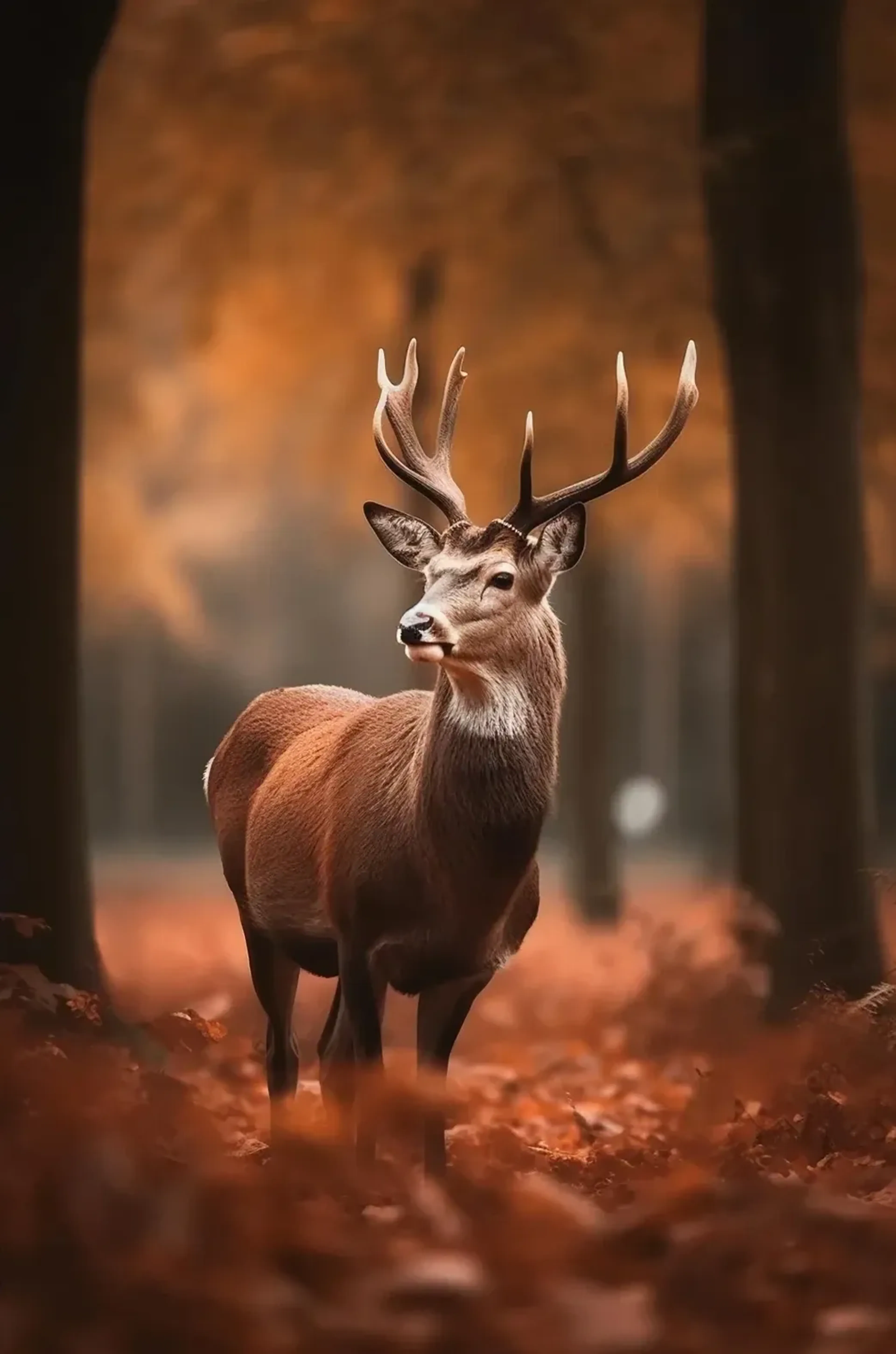 Ein Hirsch steht zwischen dunklen Baumstämmen auf Herbstlaub vor einem unscharfen orangebraunen Wald.