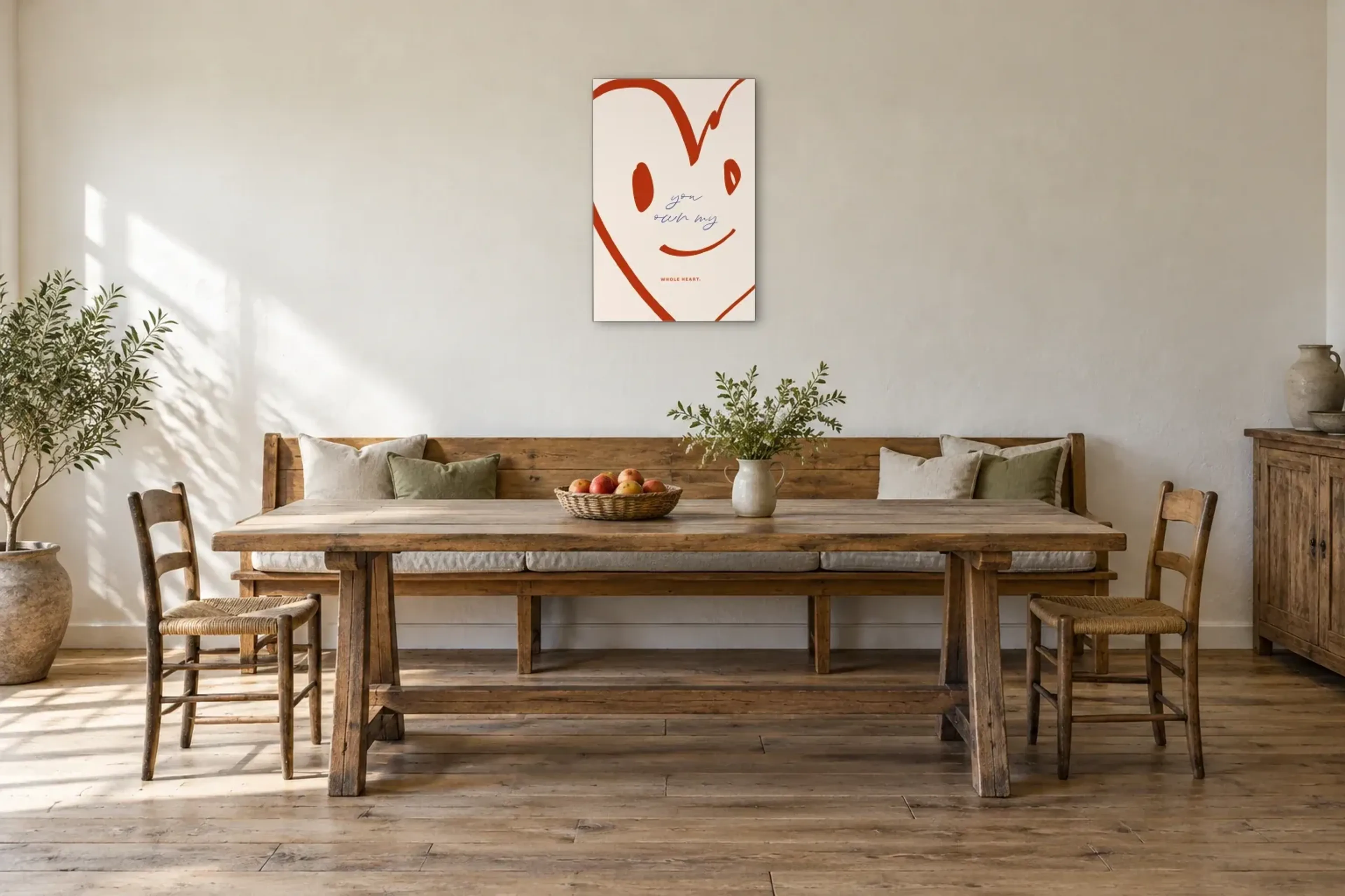 Herz mit Lächeln als Wandbild über einer 200-cm-Sitzbank