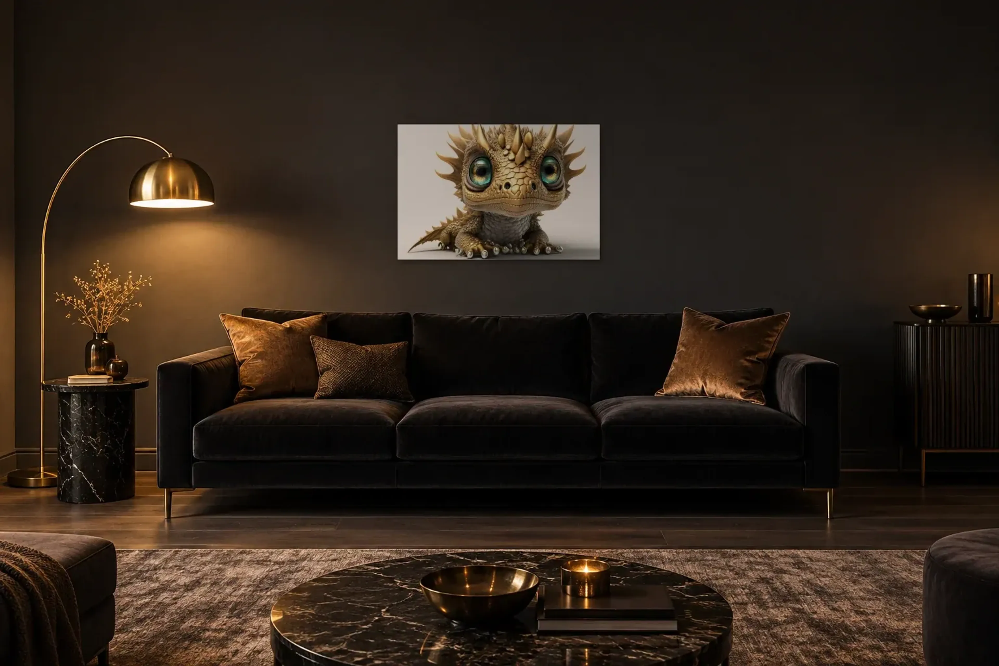 Goldener Babydrache als Wandbild über einem 220-cm-Sofa
