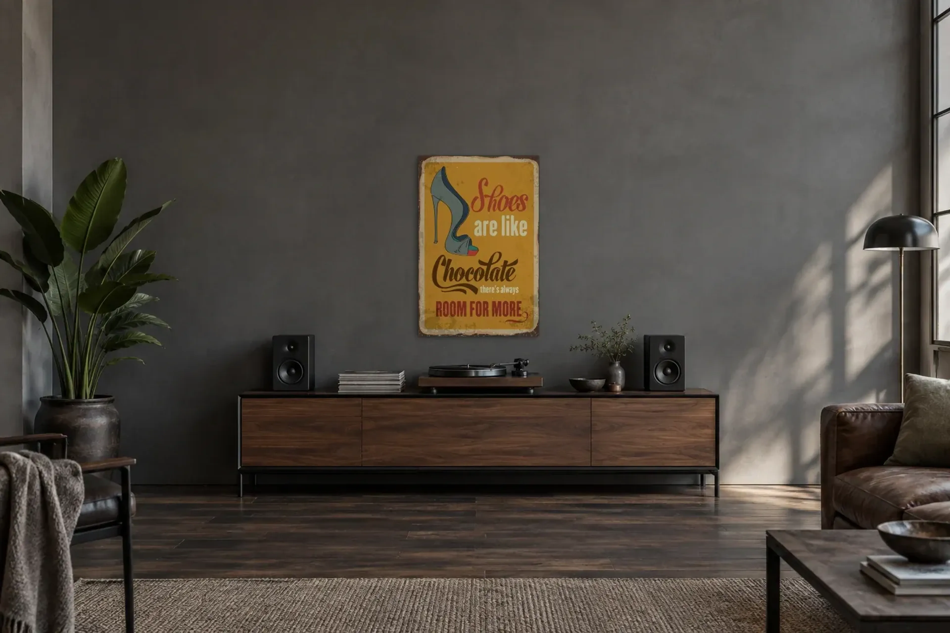 Schuhe und Schokolade als Wandbild über einem 200-cm-Sideboard