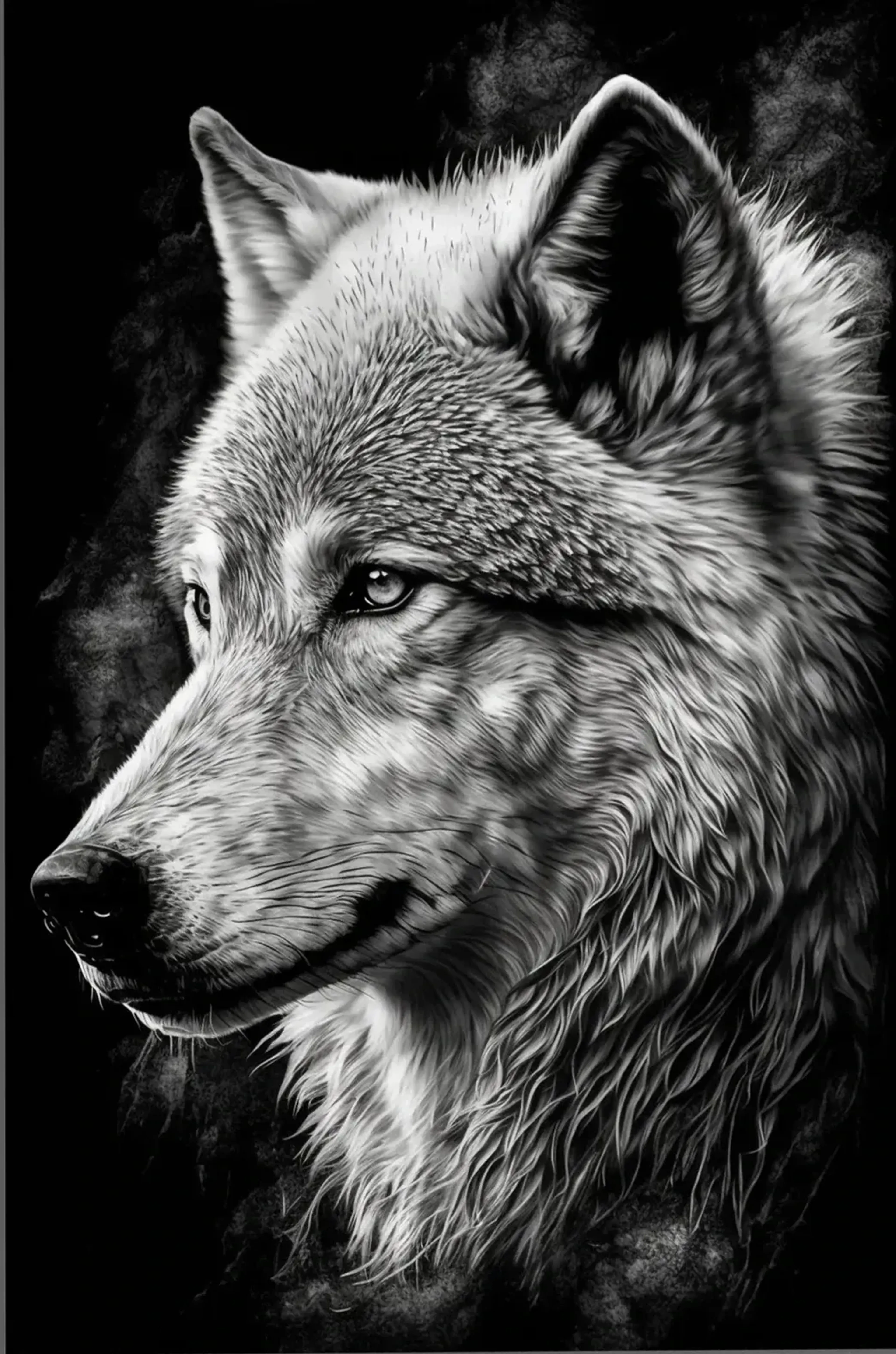 Ein Wolfskopf in Schwarz-Weiß mit nach links gewandter Schnauze und fein gezeichnetem Fell vor dunklem Hintergrund.