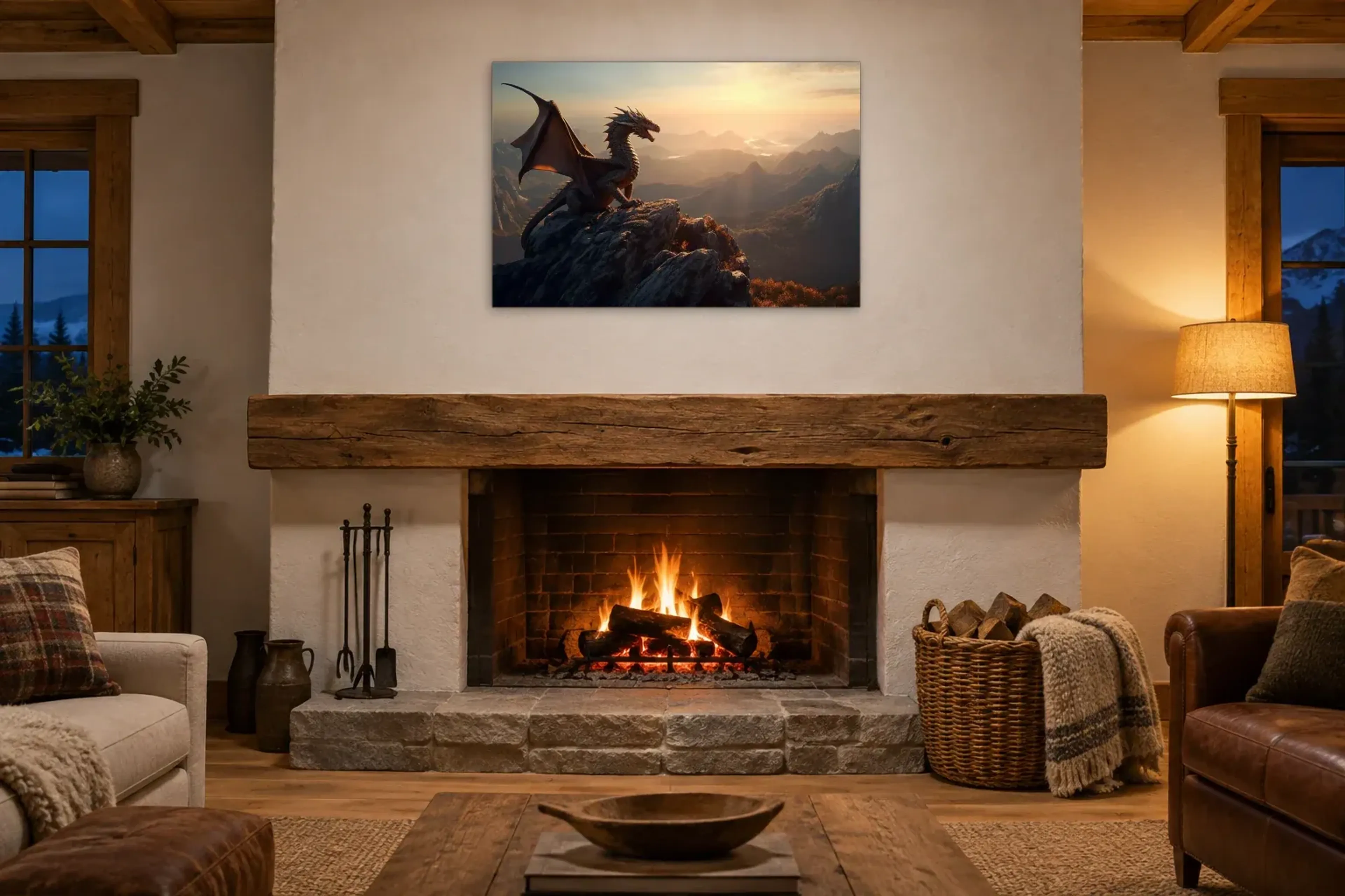 Drache mit Fernblick als Wandbild über einem 180-cm-Kaminsims
