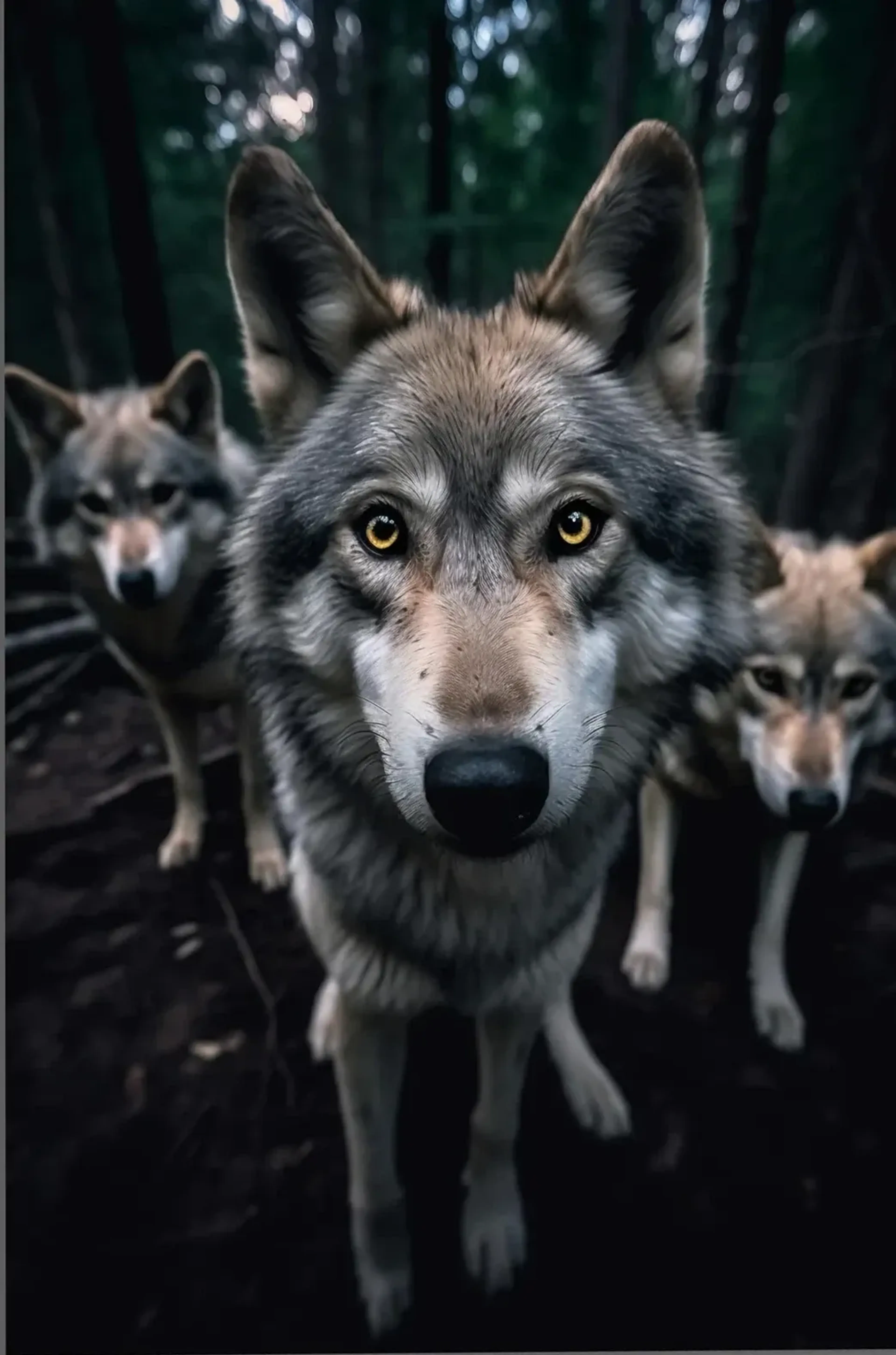 Ein grauer Wolf mit gelben Augen blickt direkt nach vorn, hinter ihm stehen zwei weitere Wölfe im dunklen Wald.