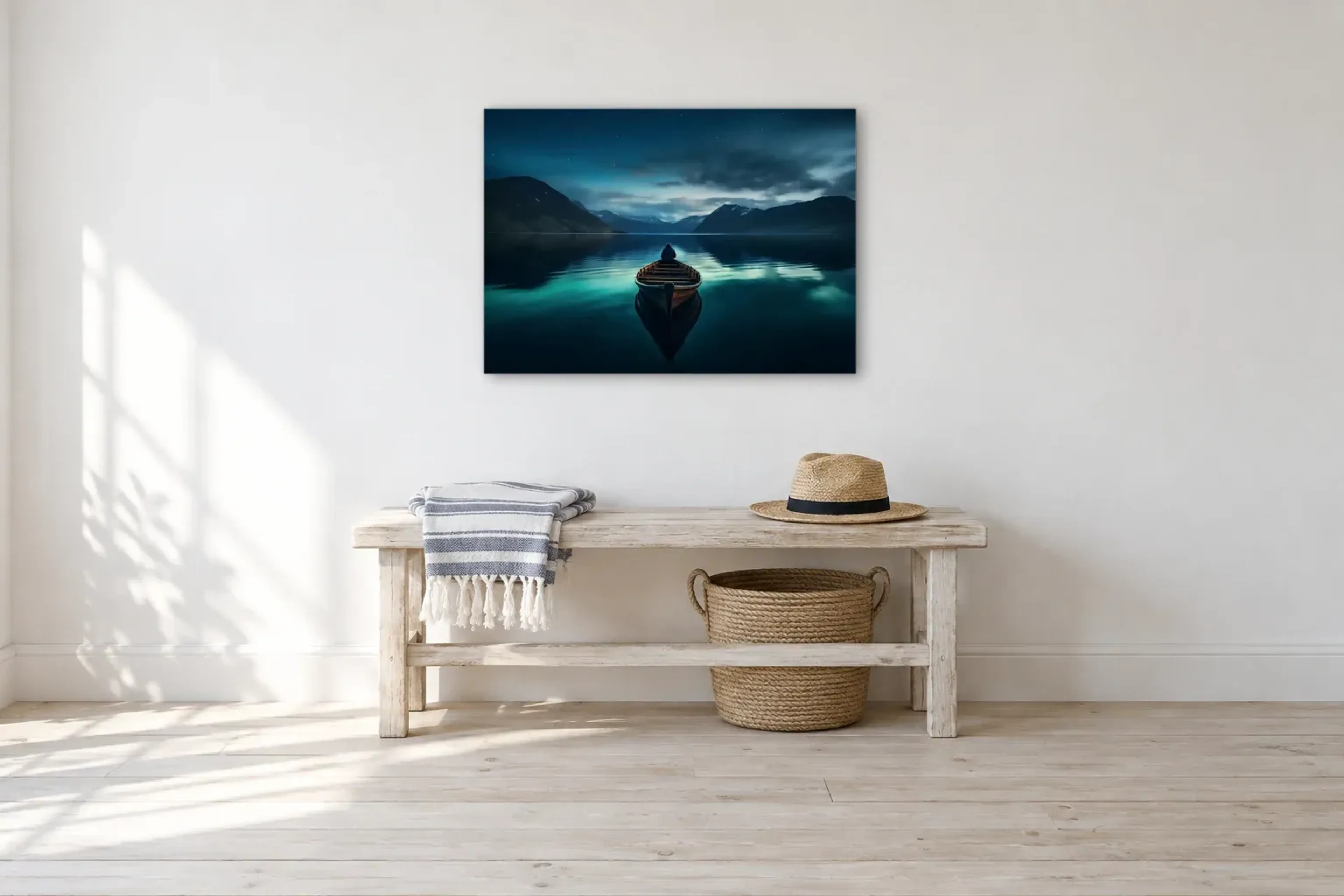 Boot auf stillem See als Wandbild über einer 100-cm-Bank