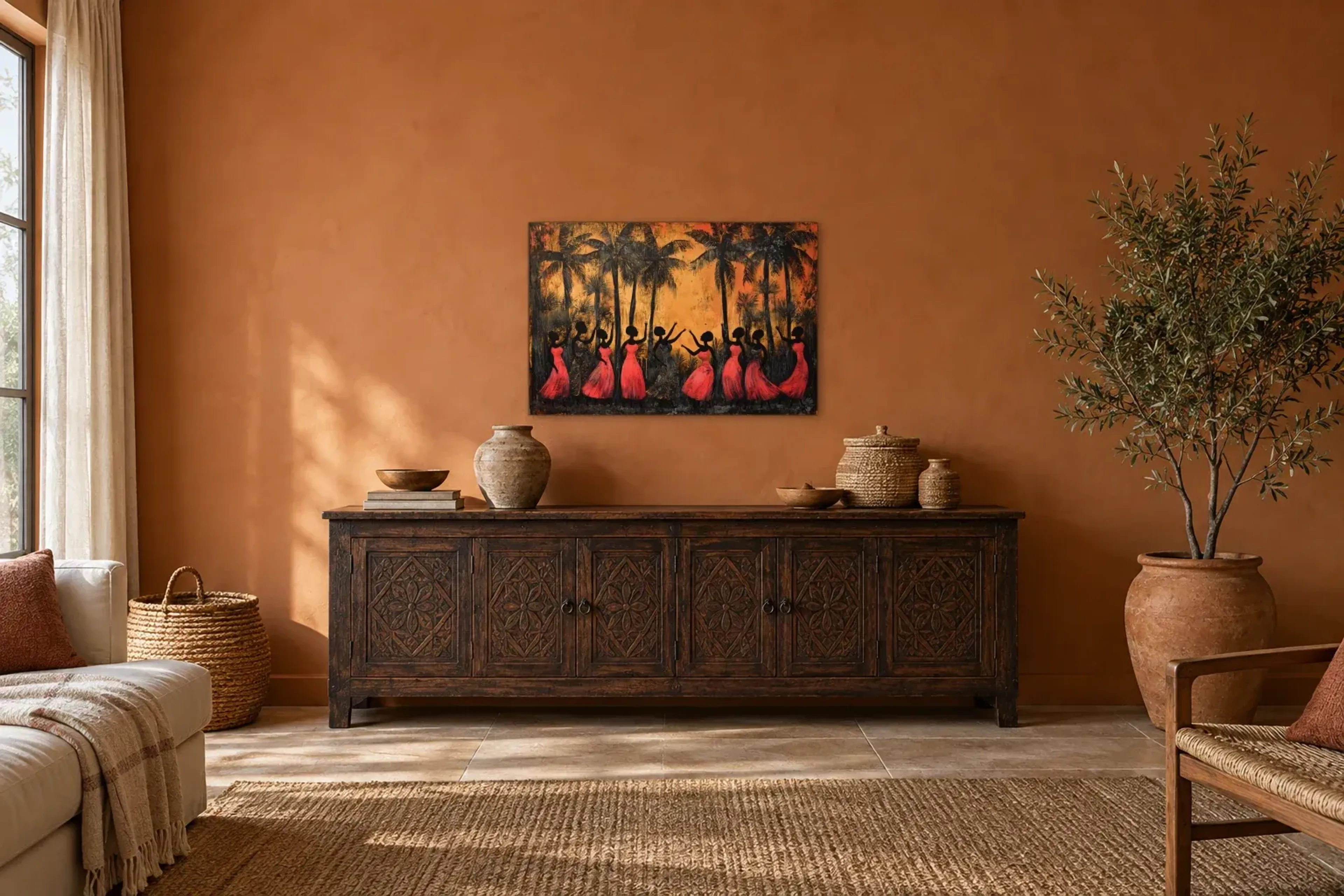 Tanz unter Palmen als Wandbild über einem 180-cm-Sideboard