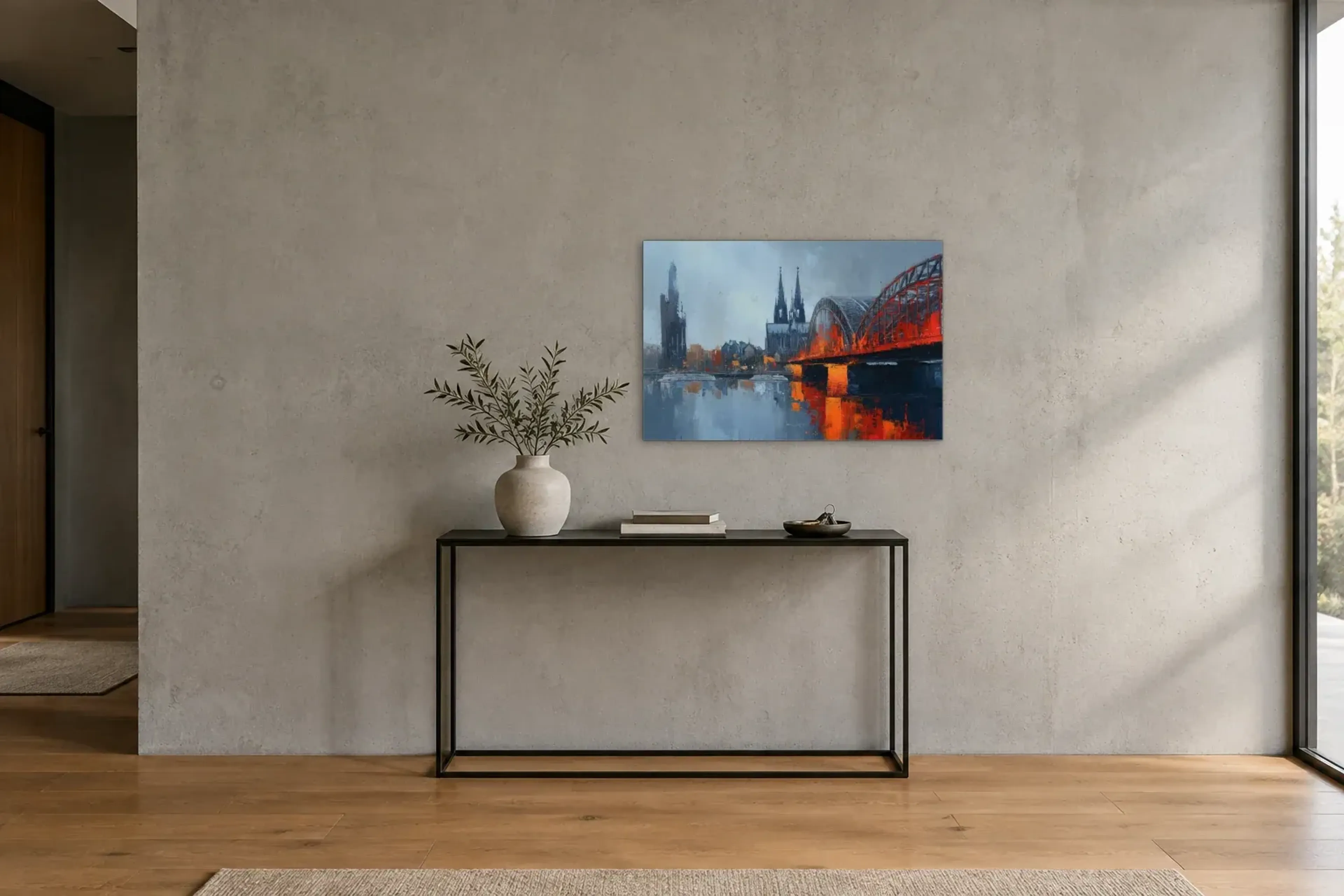Köln mit roter Brücke als Wandbild über einer 120-cm-Konsole