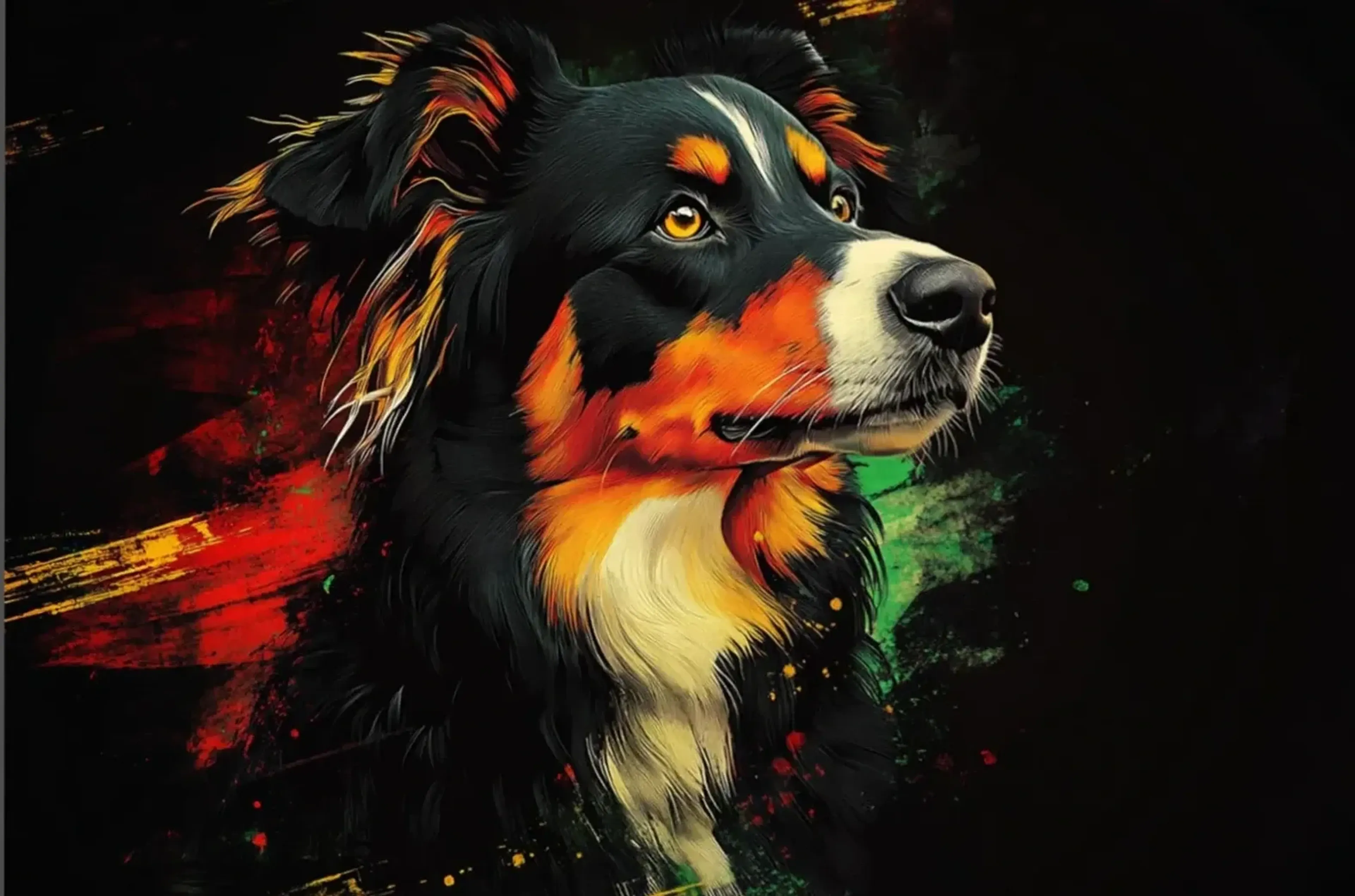 Australian Shepherd mit schwarz-cremefarbenem Fell und orangefarbenen Akzenten vor dunklem Grund mit bunten Farbspuren.