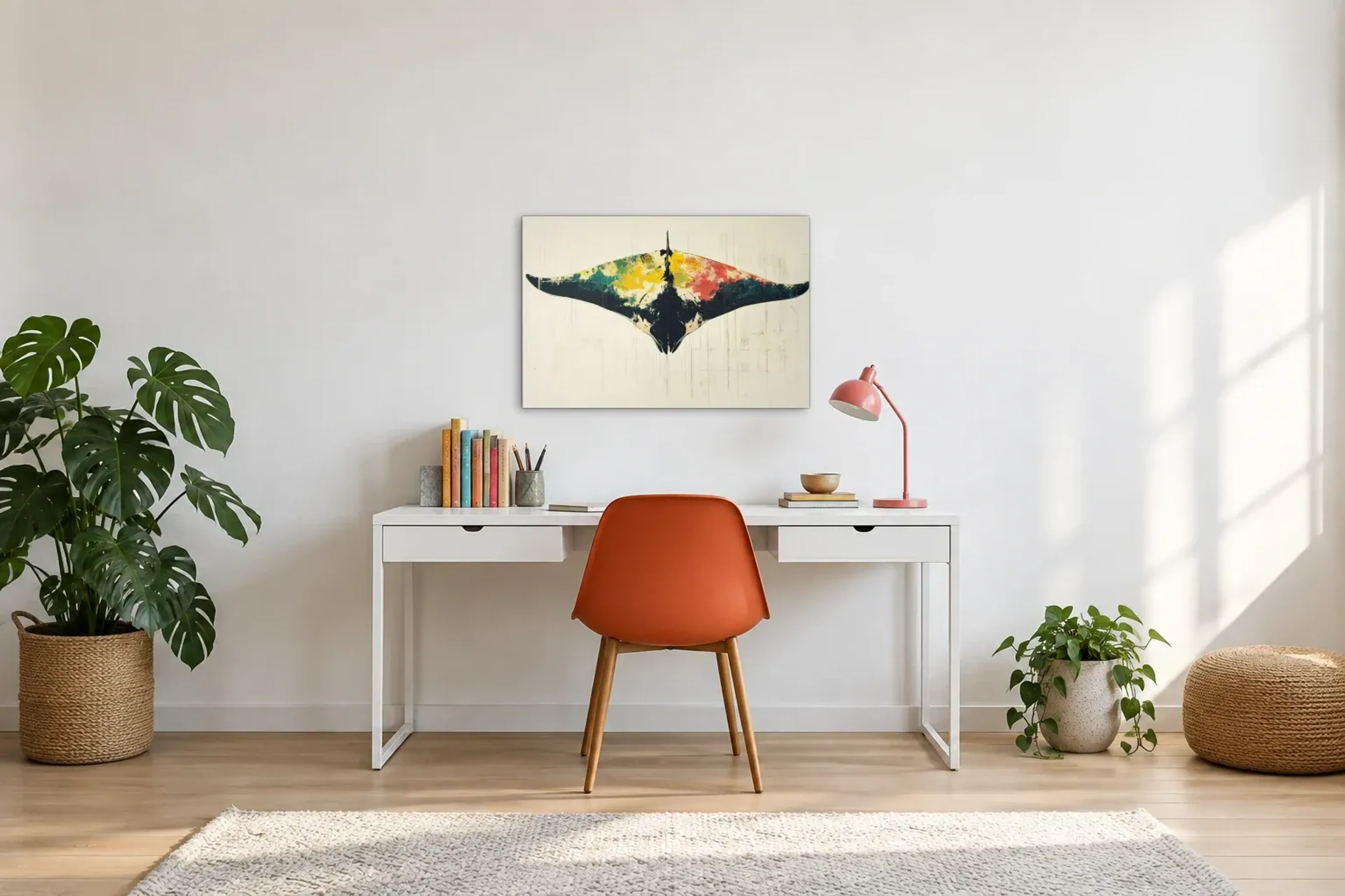 Manta auf hellem Grund als Wandbild über einem 140-cm-Schreibtisch