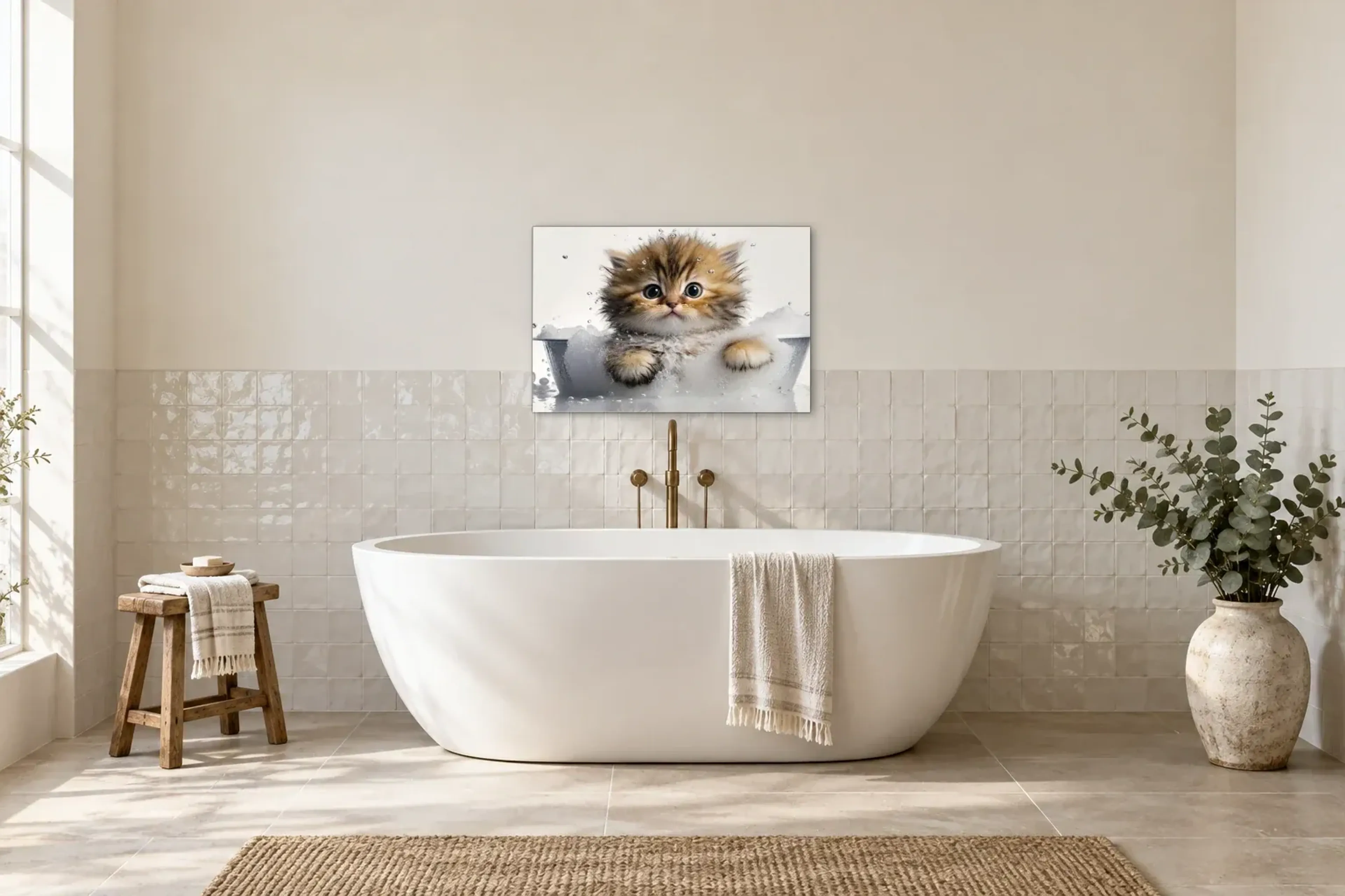 Kätzchen im Schaumbad als Wandbild über einer 170-cm-Badewanne