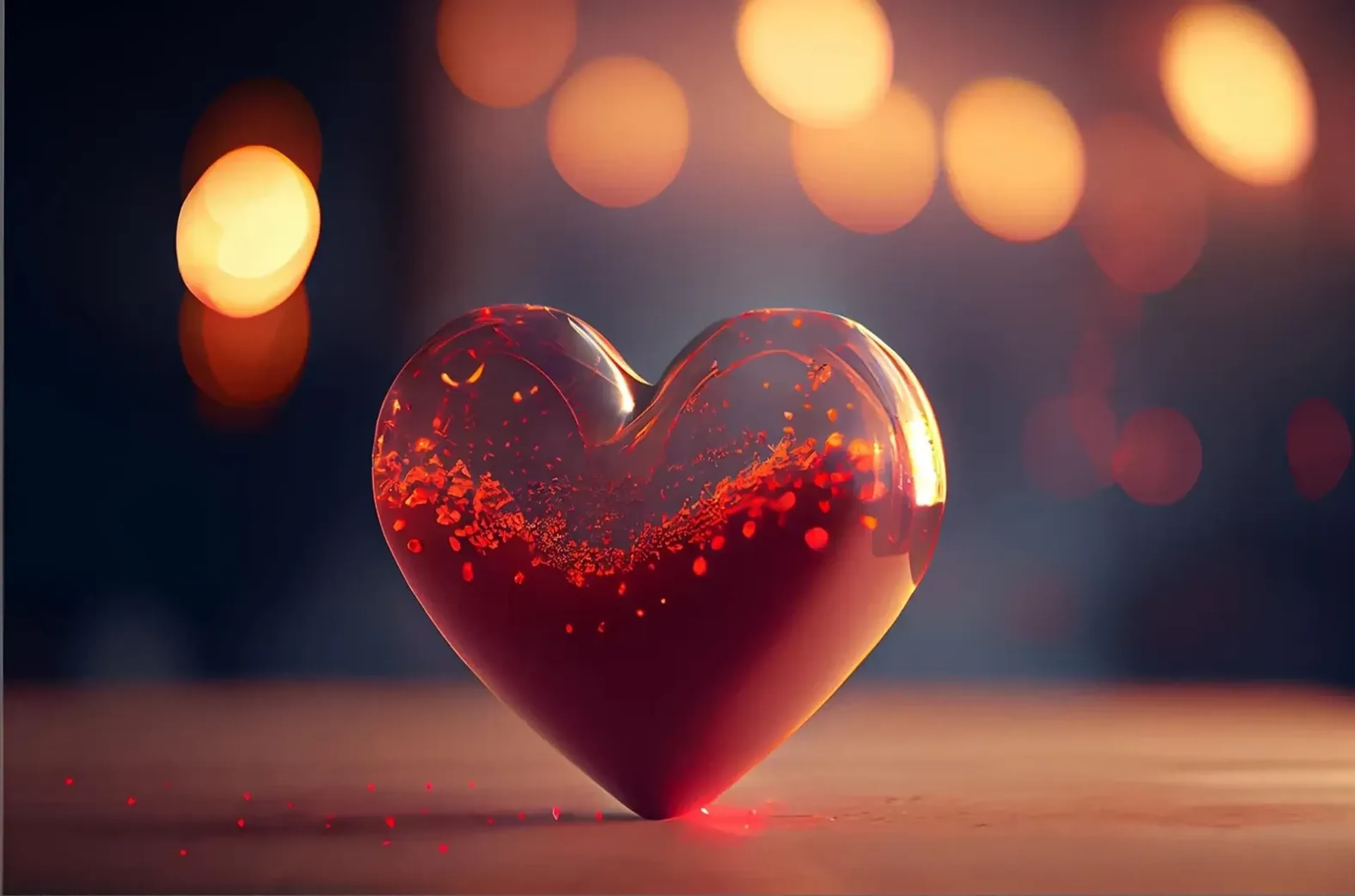 Glänzendes rotes Herz mit goldenen Reflexen vor einem dunklen Hintergrund mit orangefarbenen Lichtkreisen.