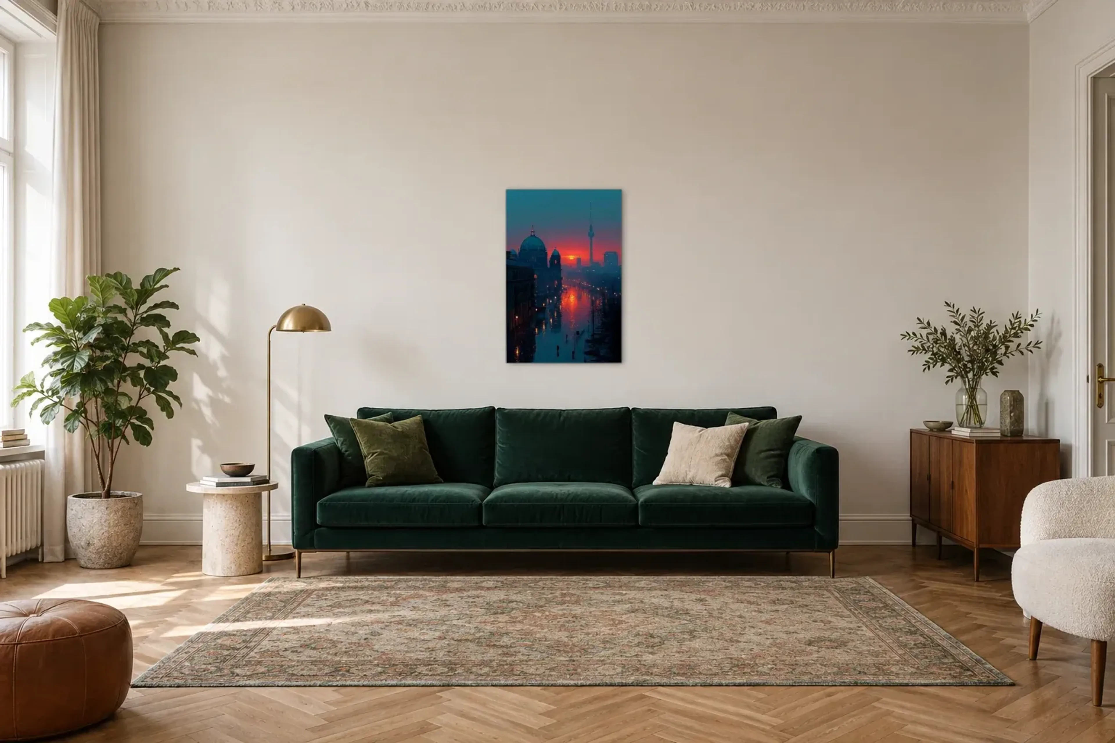 Rotes Abendlicht in Berlin als Wandbild über einem 220-cm-Sofa