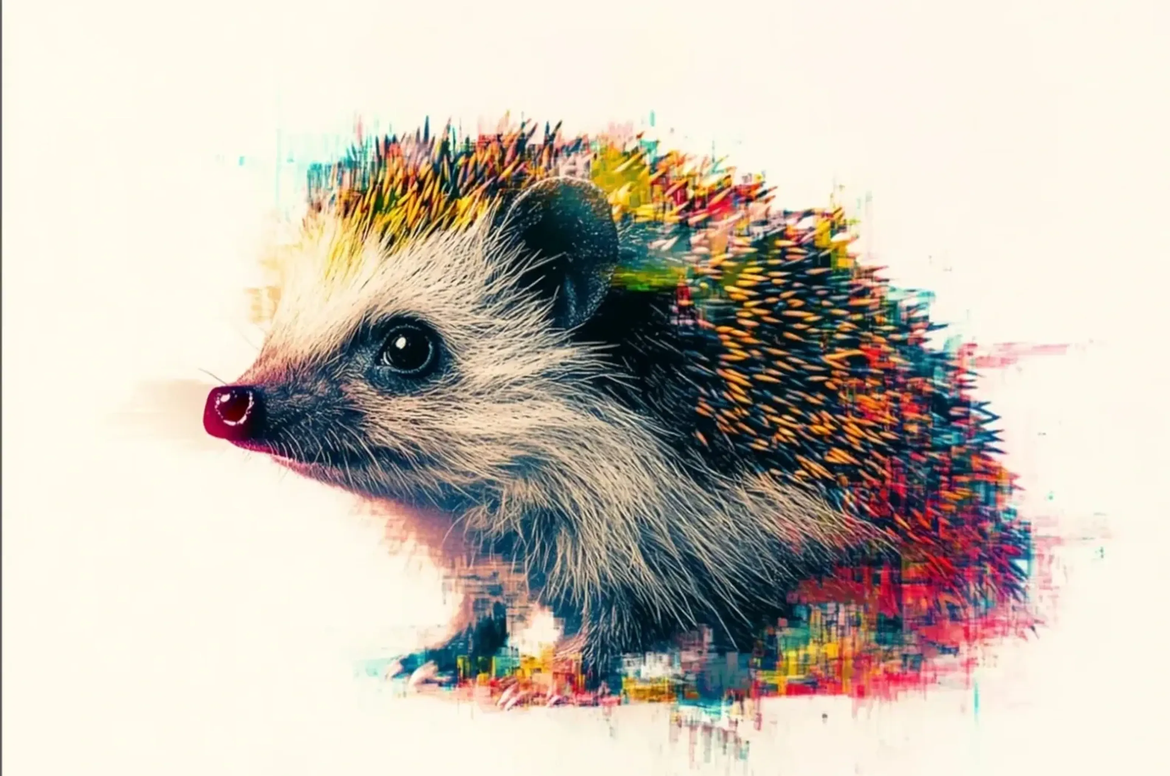 Igel mit bunten Stacheln – Motiv als Wandbild auf Holz