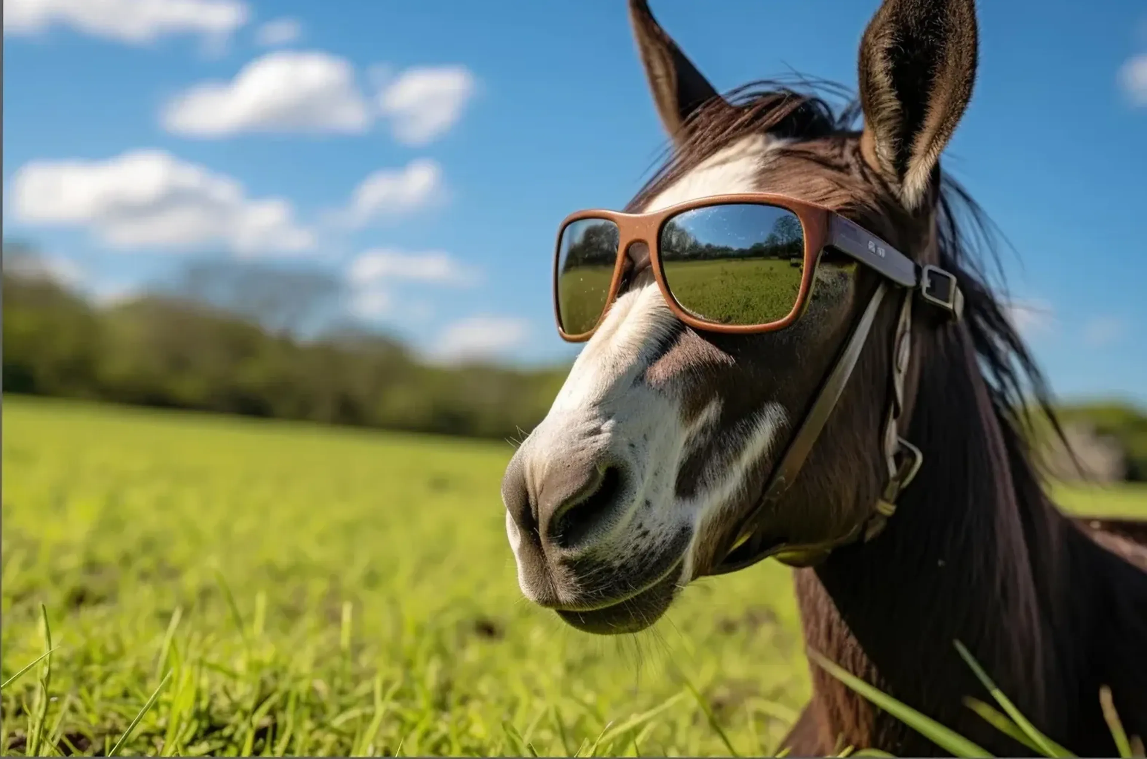 Ein braun-weißes Pferd trägt eine große Sonnenbrille vor einer grünen Wiese und blauem Himmel.