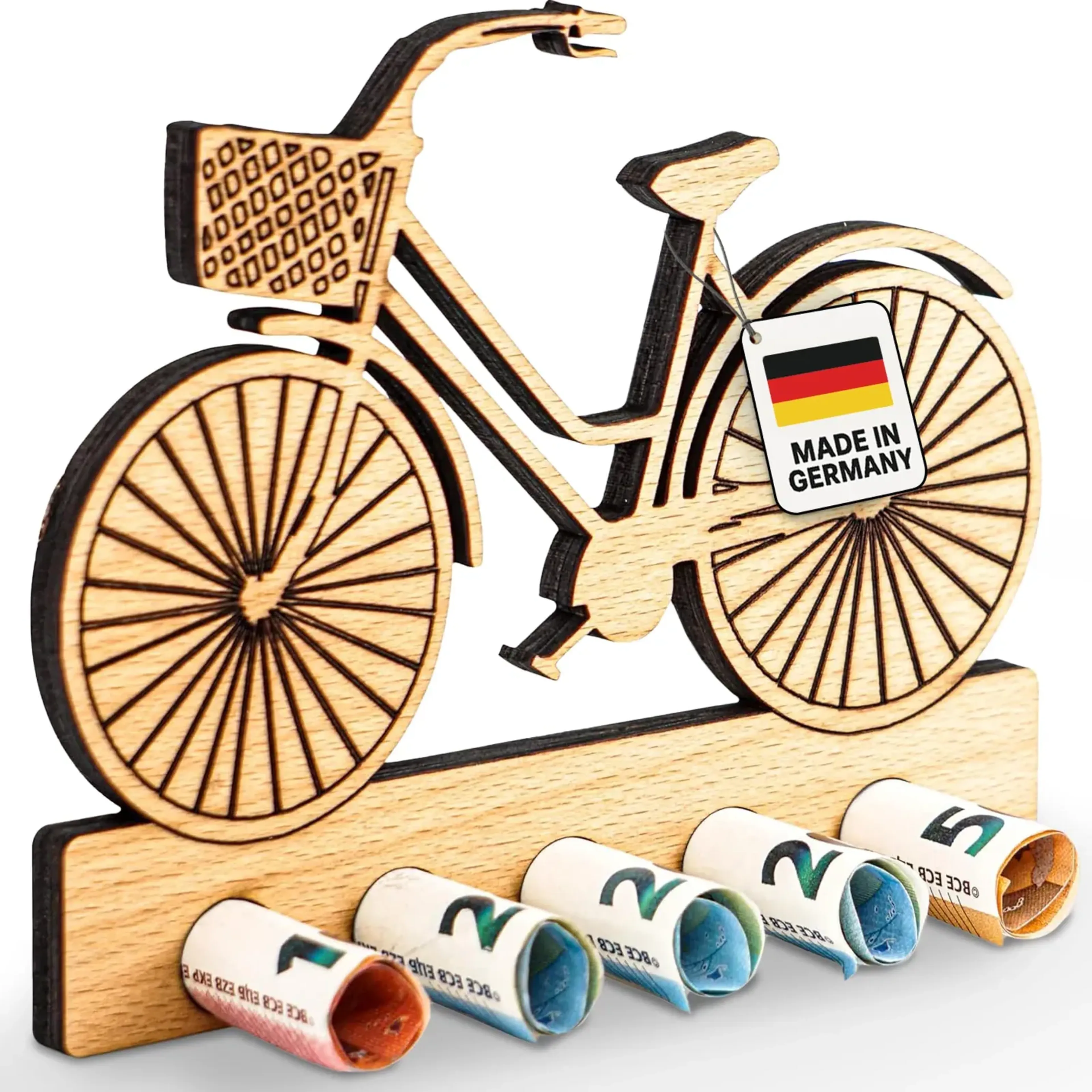 Holzfahrrad mit tiefem Einstieg, Vorderkorb und gerollten Geldscheinen in der unteren Leiste.