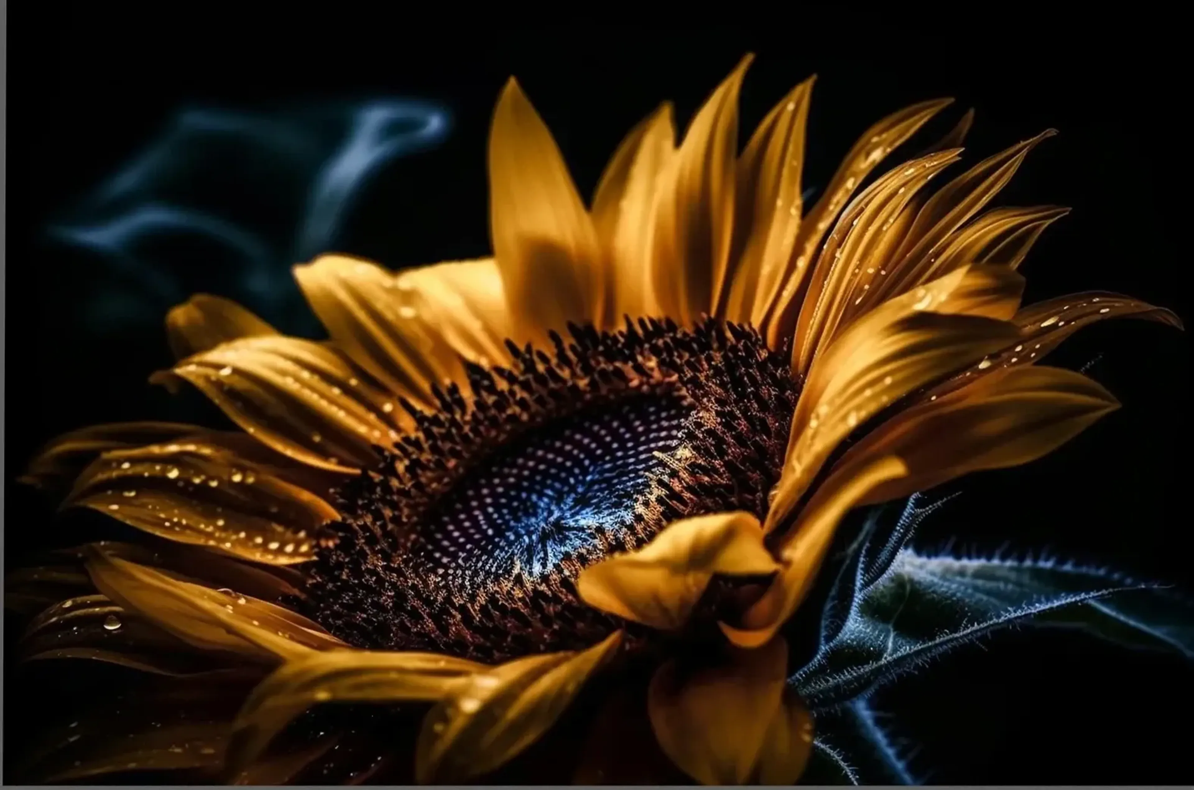 Goldgelbe Sonnenblume mit Wassertropfen und bläulichen Lichtakzenten vor schwarzem Hintergrund.