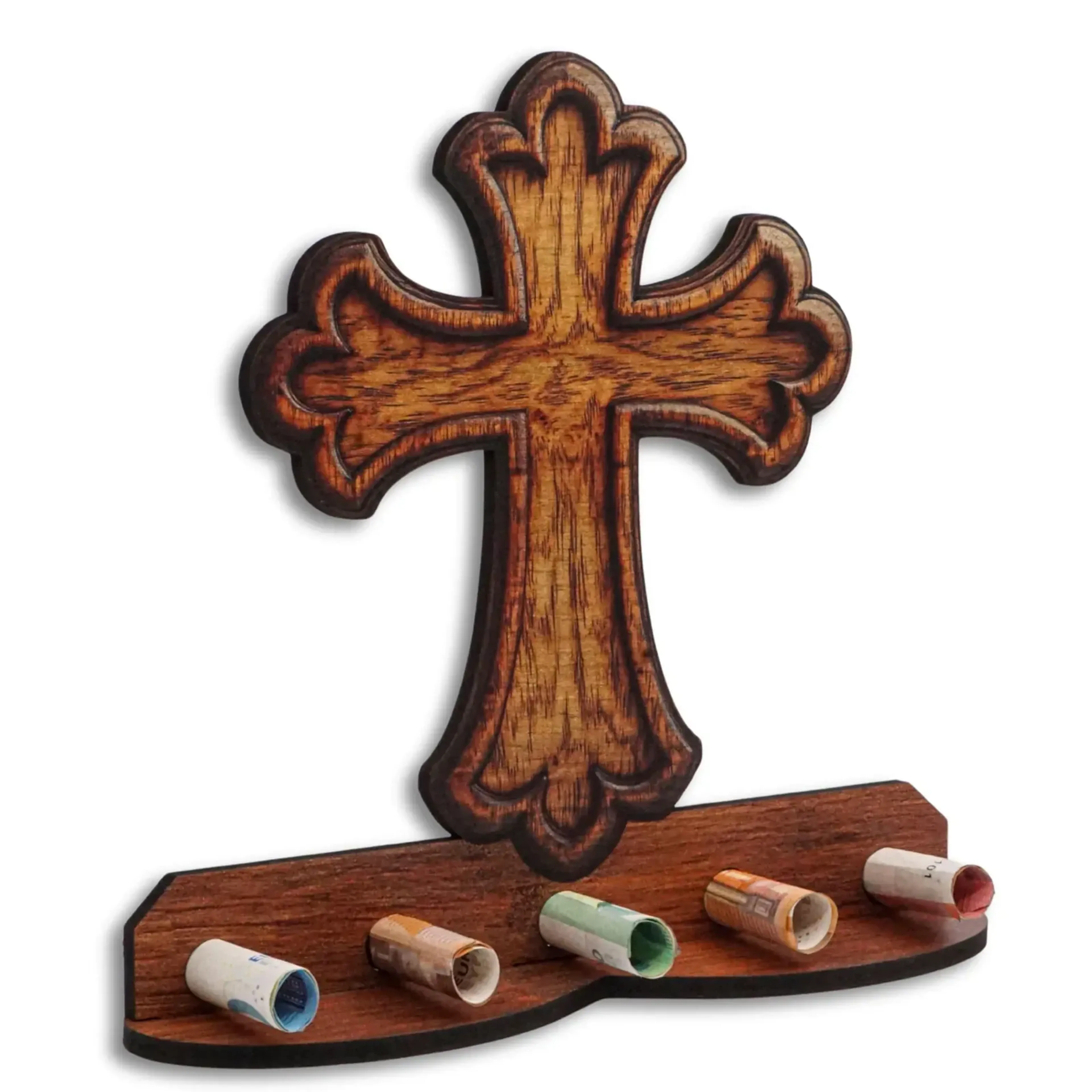 Goldbraunes Kreuz mit geschwungenen Enden und dunklen Konturen über einer Leiste mit fünf gerollten Geldscheinen.