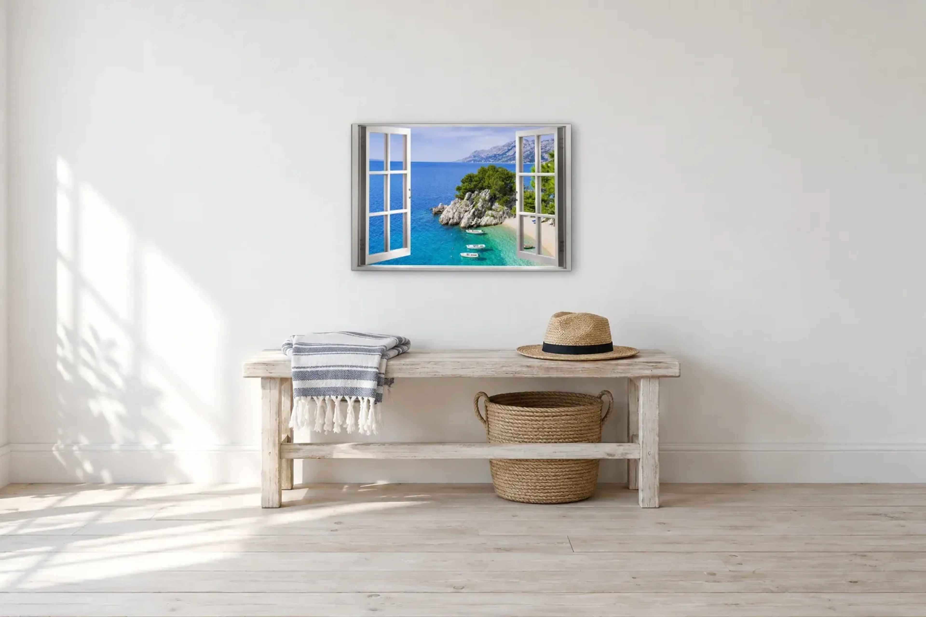 Boote in der Felsenbucht als Wandbild über einer 100-cm-Bank
