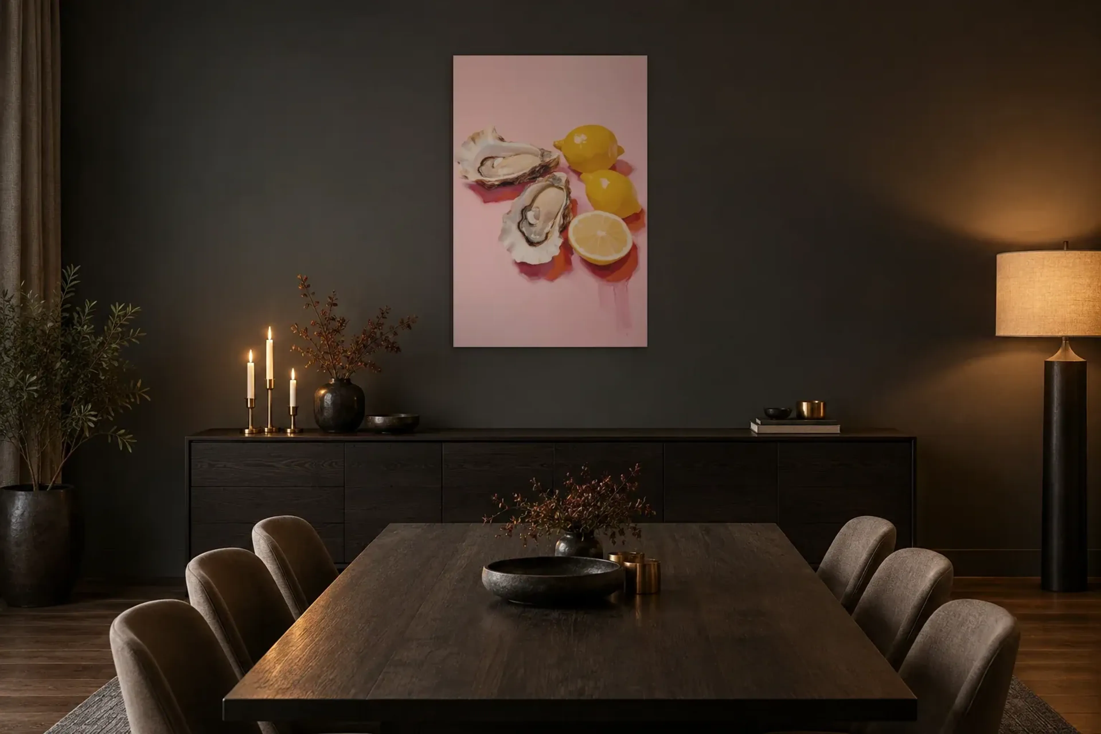 Austern Zitronen als Wandbild über einem 180-cm-Sideboard